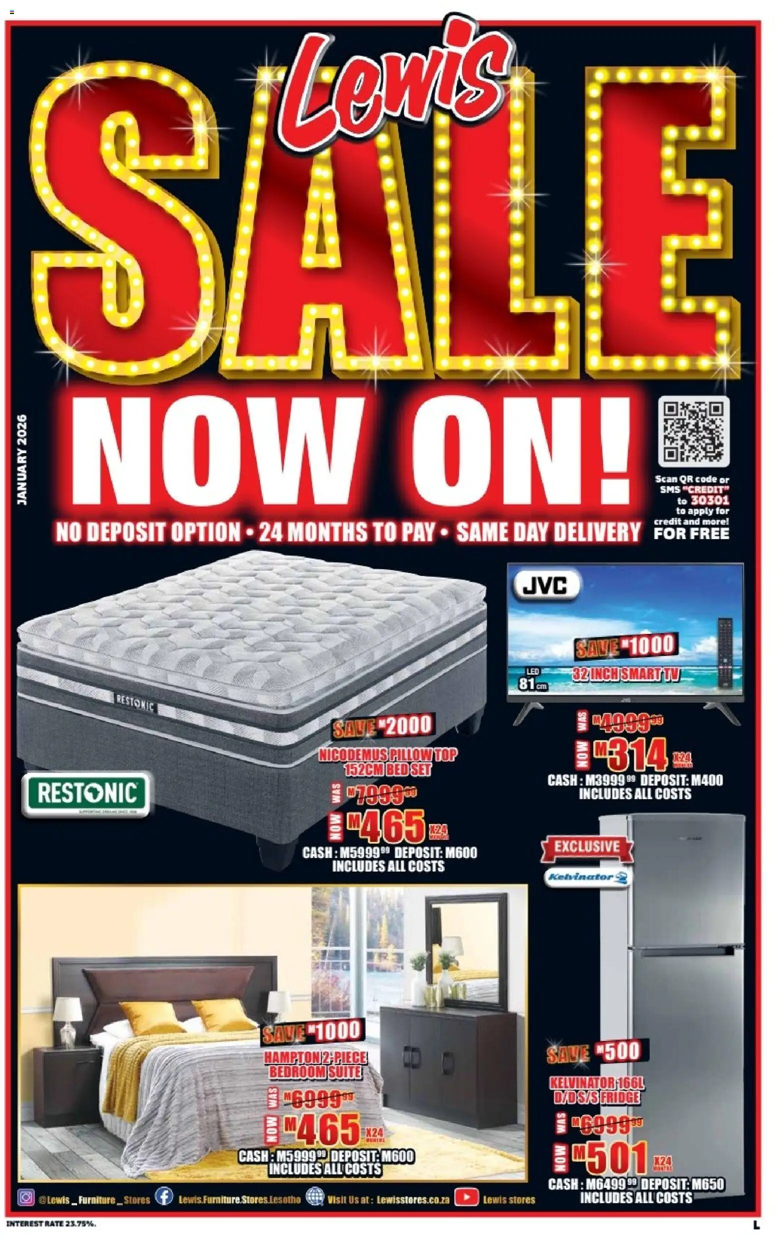 New Lewis Stores catalogue – valid from 05.01.2026 | Page: 1 | Products: Bed, Pillow, TV, Fridge