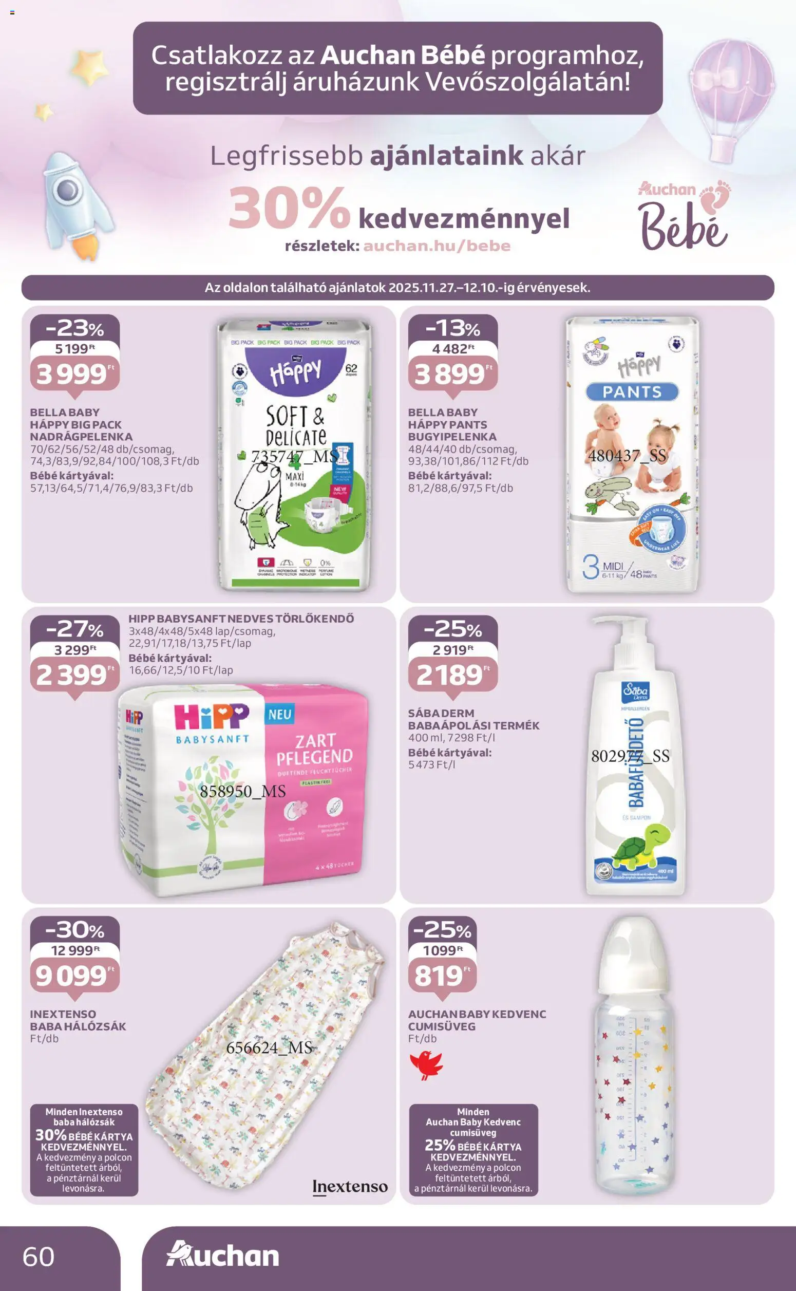 Auchan akciós ujság - amely érvényes a következő dátumtól: 27.11.2025 | Oldal: 60 | Termékek: Baba hálózsák, Nedves törlőkendő, Sampon, Hálózsák