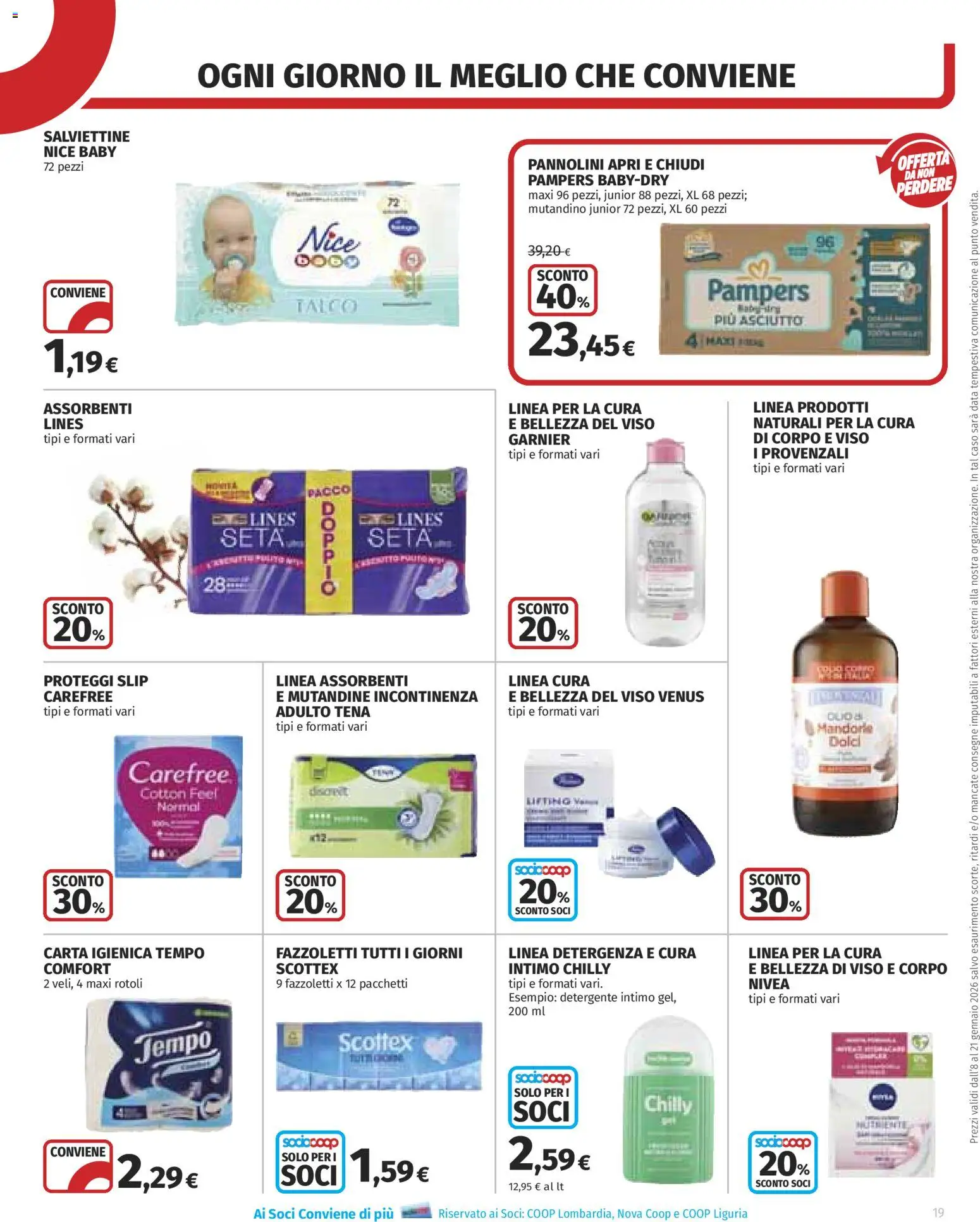 Volantino COOP del 08.01.2026 | Pagina: 19 | Prodotti: Pannolini, Proteggi slip, Detergente intimo, Intimo