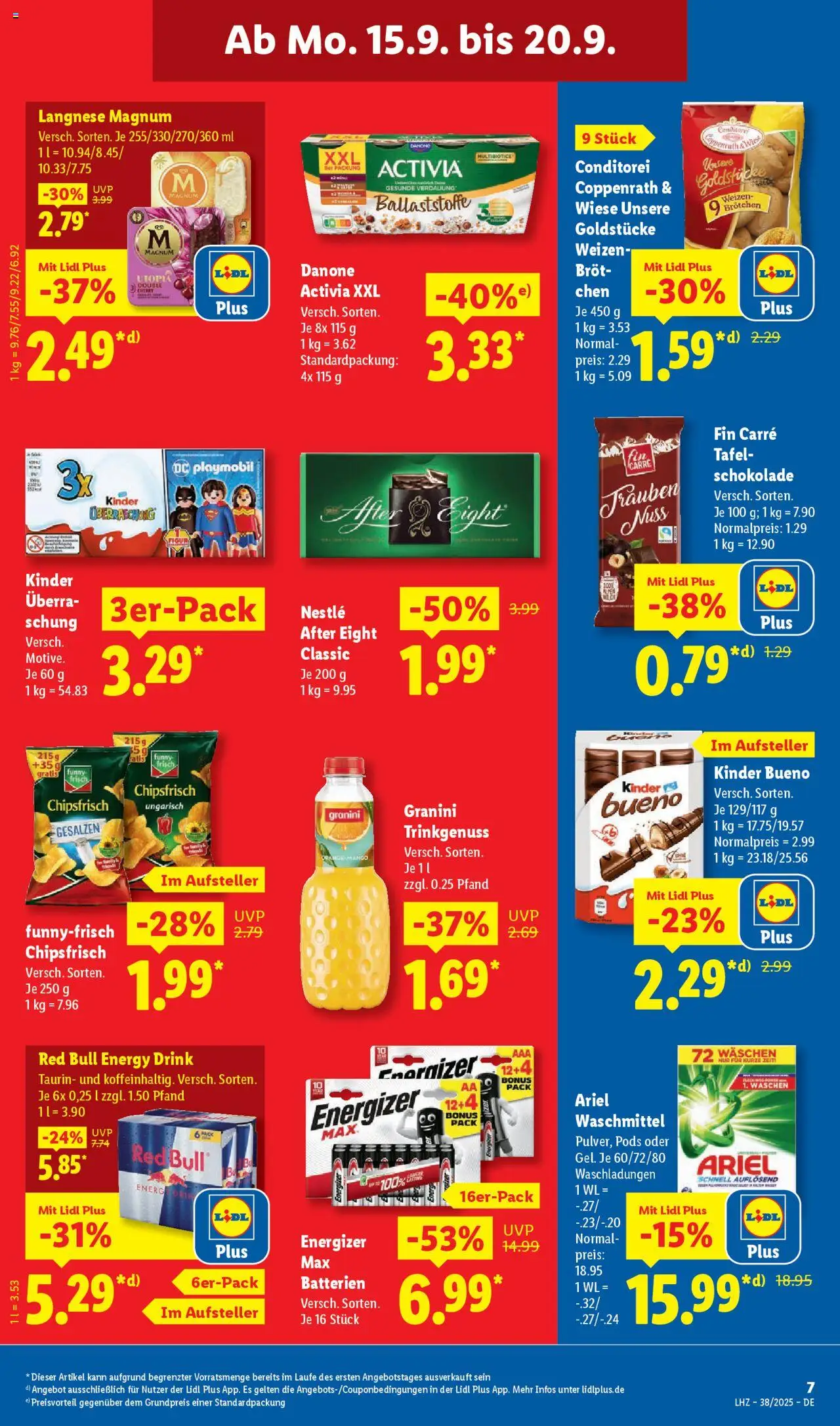 Lidl Prospekt Aarbergen – gültig ab 15.09.2025 | Seite: 15 | Produkte: Activia, Red bull, Ariel, Schokolade