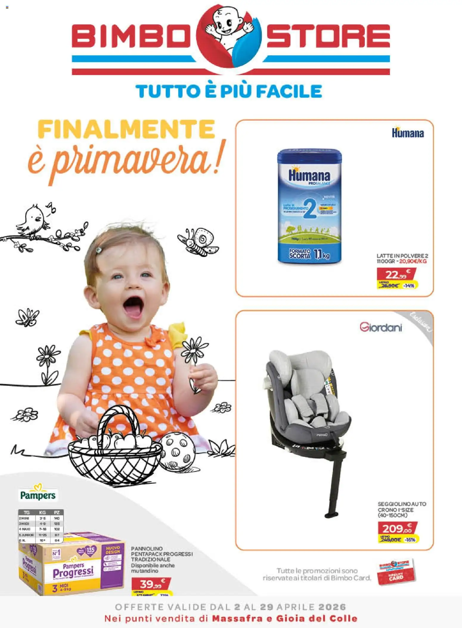 Volantino Bimbo store del 02.04.2026 | Pagina: 1 | Prodotti: Mutandine, Latte, Pampers, Seggiolino