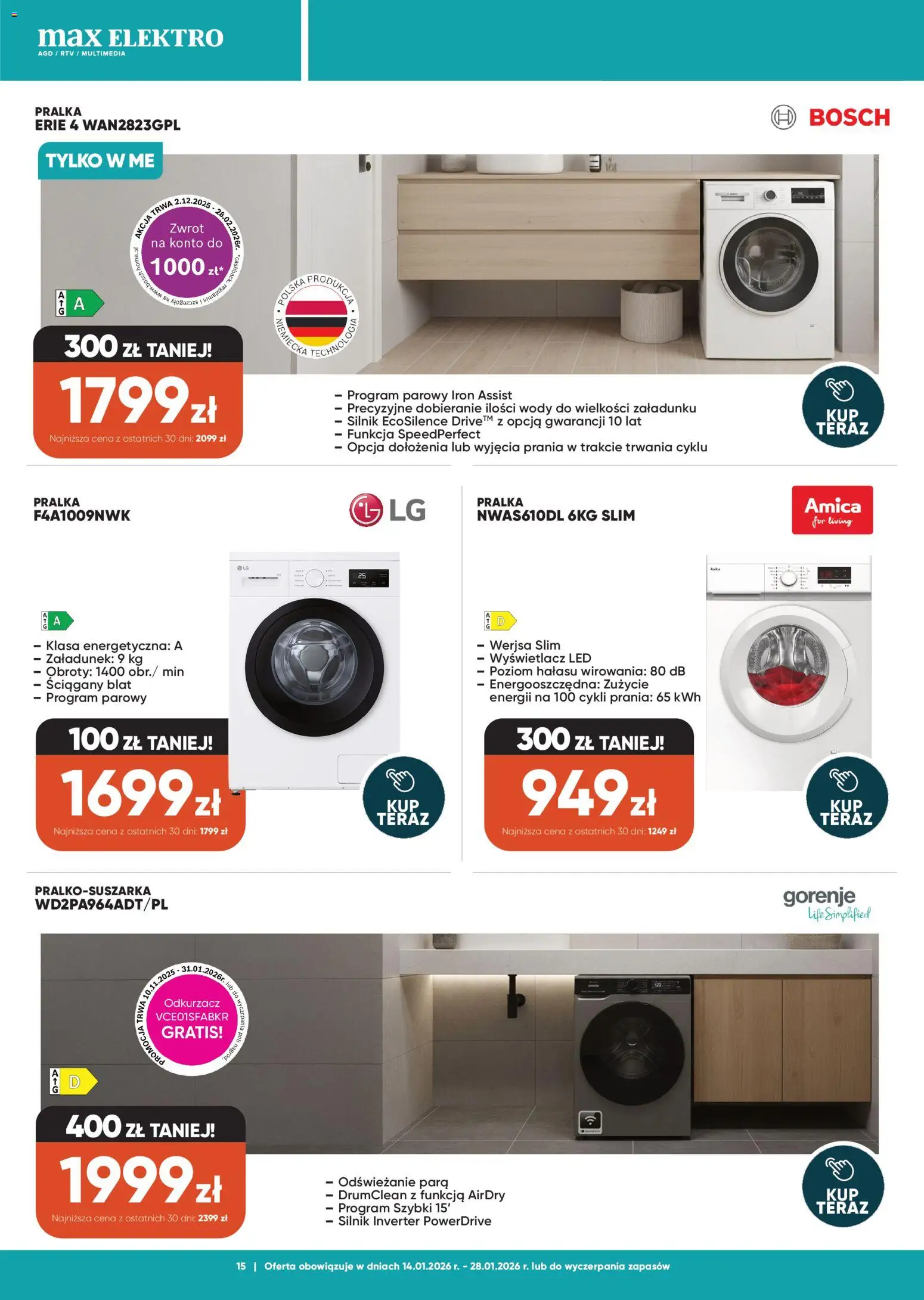 Max elektro Gazetka od 14.01.2026 | Strona: 15 | Produkty: Pralka, Odkurzacz