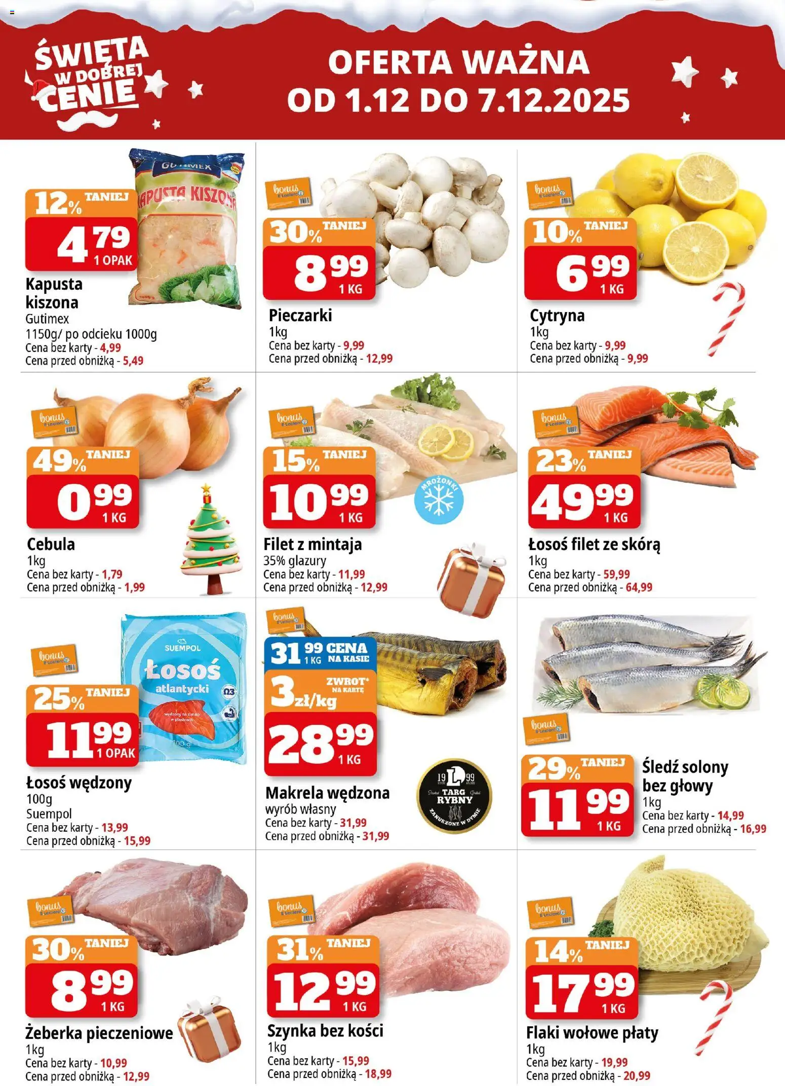 E.Leclerc Gazetka - Radom od 01.12.2025 | Strona: 2 | Produkty: Kapusta, Łosoś wędzony, Szynka, Flaki