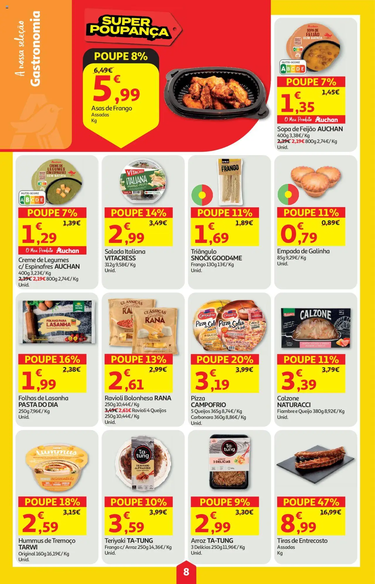 Auchan folheto │ válido de 16.10.2025 | Página: 8 | Produtos: Espinafres, Lasanha, Pizza, Salada