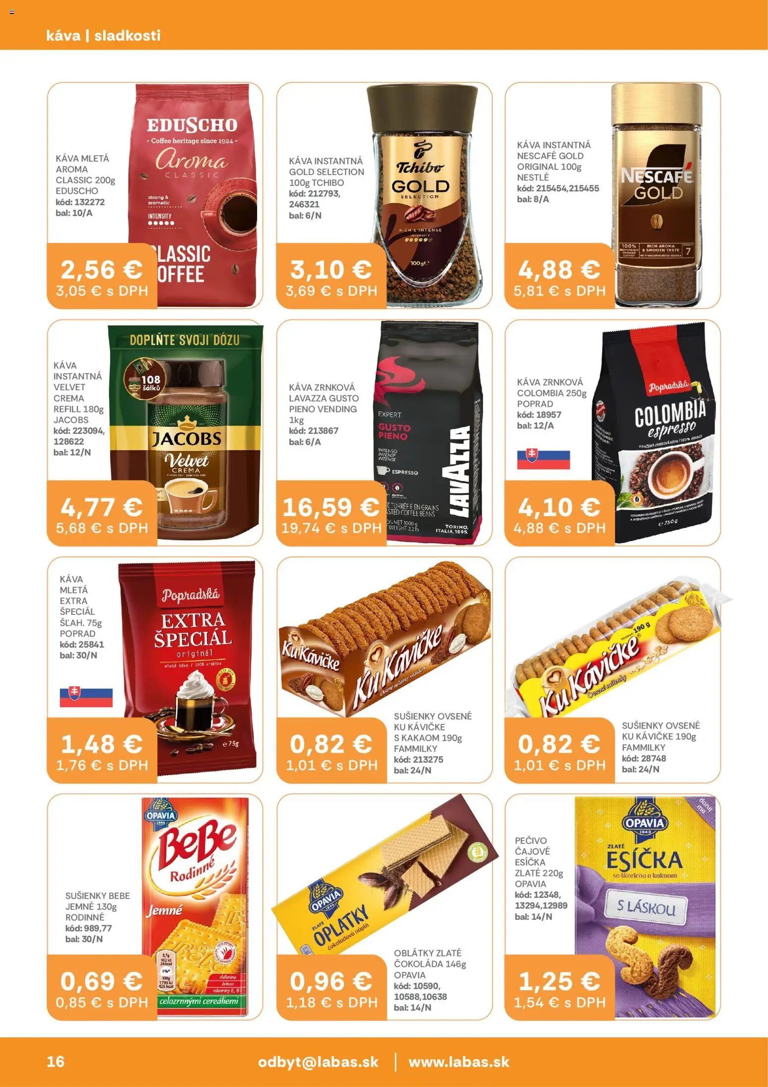 Nové Labaš akcie – leták je platný od 13.03.2026 | Strana: 16 | Produkty: Káva, Čokoláda, Nescafé Gold, Zrnková káva