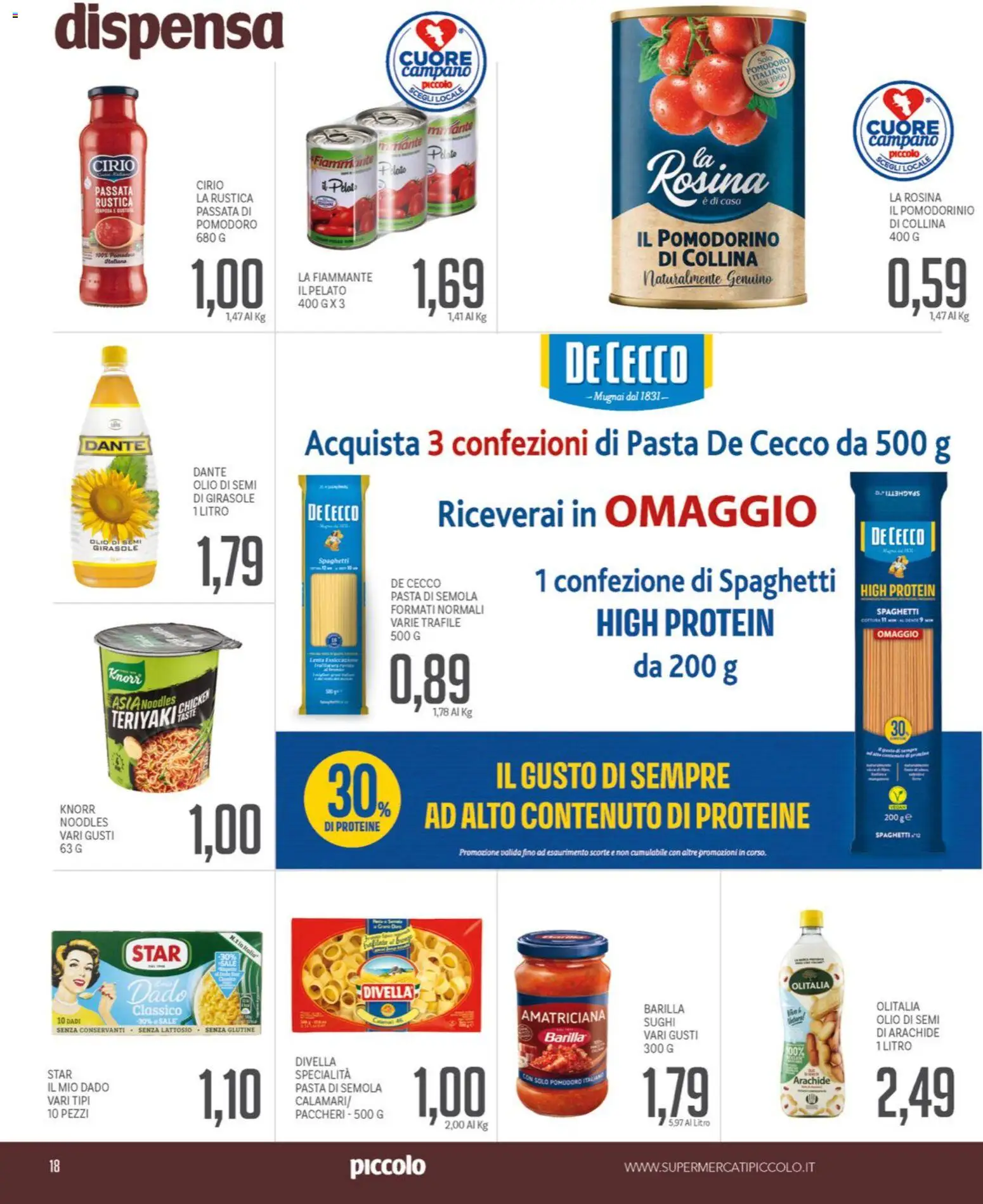 Volantino Piccolo del 09.01.2026 | Pagina: 18 | Prodotti: Olio, Pasta, Paccheri, Olio di semi di girasole
