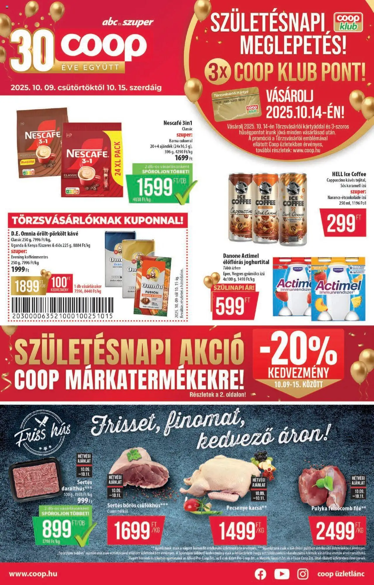 COOP akciós ujság - amely érvényes a következő dátumtól: 09.10.2025 | Oldal: 1 | Termékek: Hús, Gyümölcs, Cappuccino, Kávé