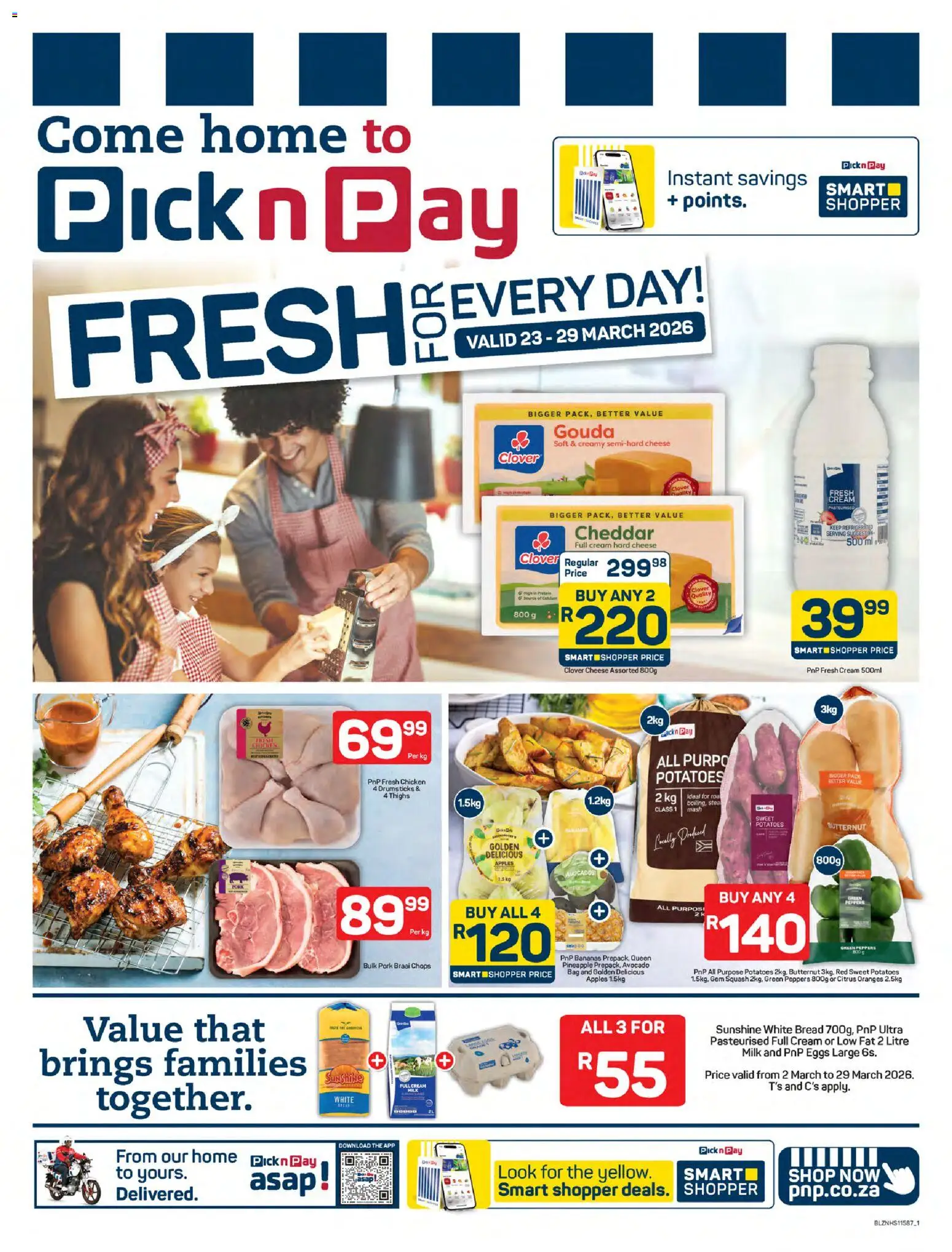 New Pick n Pay catalogue – valid from 23.03.2026 | Page: 1 | Products: Squash, Milk, Oranges, Pineapple
