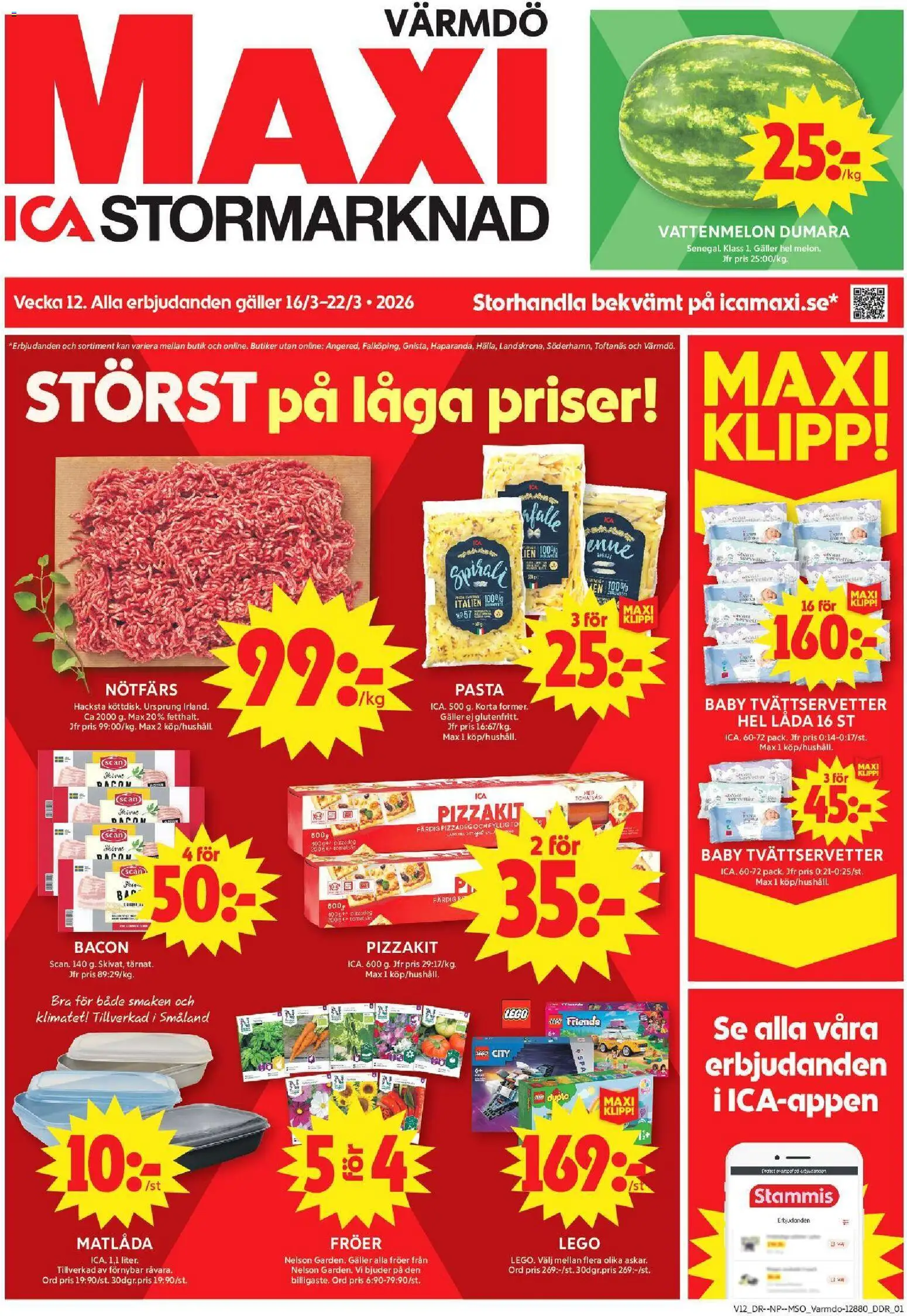 ICA Maxi reklamblad aktuell från 16.03.2026 | Sida: 1 | Produkter: Vattenmelon, Pizza, Pizzakit, Pasta