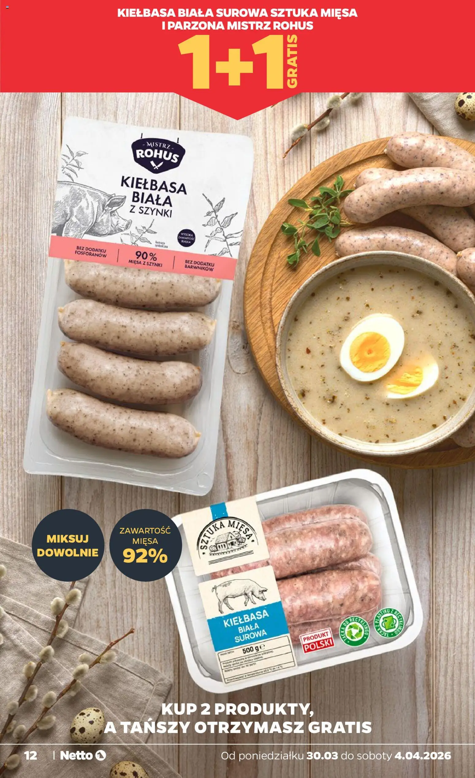 Netto gazetka od poniedziałku spożywcza od 30.03.2026 | Strona: 12 | Produkty: Kiełbasa, Kiełbasa biała z szynki