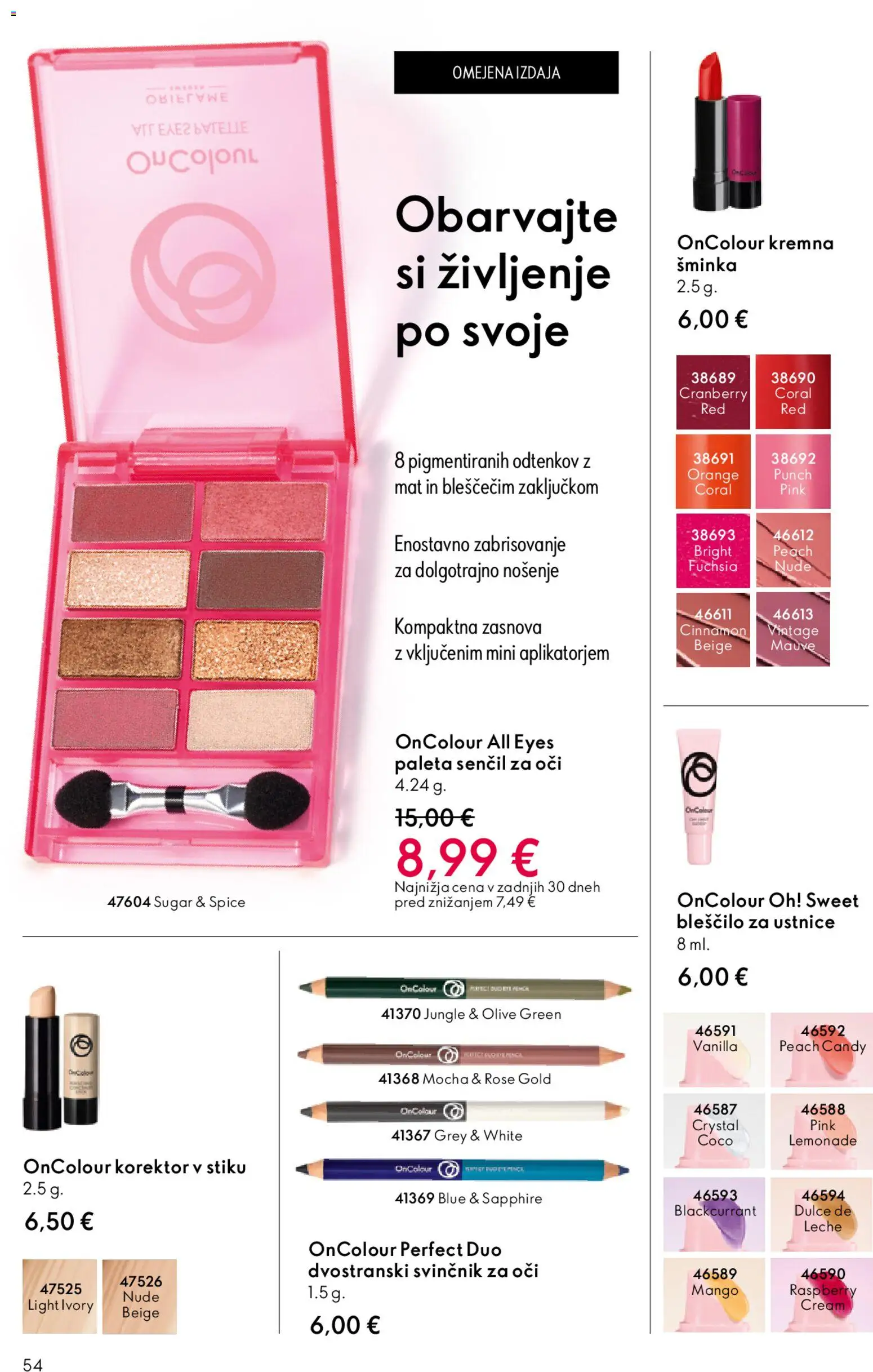 Novi Oriflame katalog ponudbe – veljaven od 22.04.2026 | Stran: 54 | Izdelki: Korektor, Svincnik za oci, Blescilo za ustnice, Mango