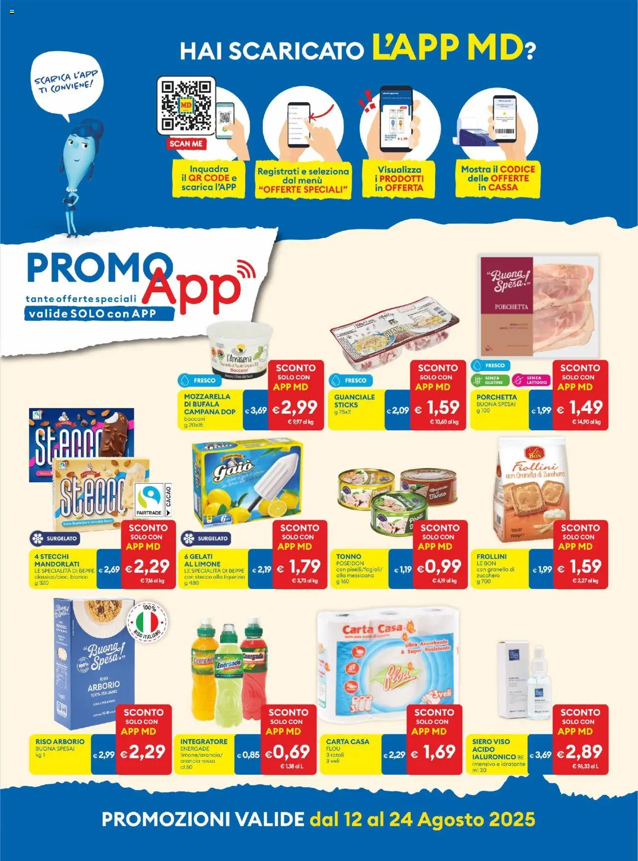 Volantino MD Discount del 12.08.2025 | Pagina: 10 | Prodotti: Porchetta, Riso, Zucchero, Mozzarella