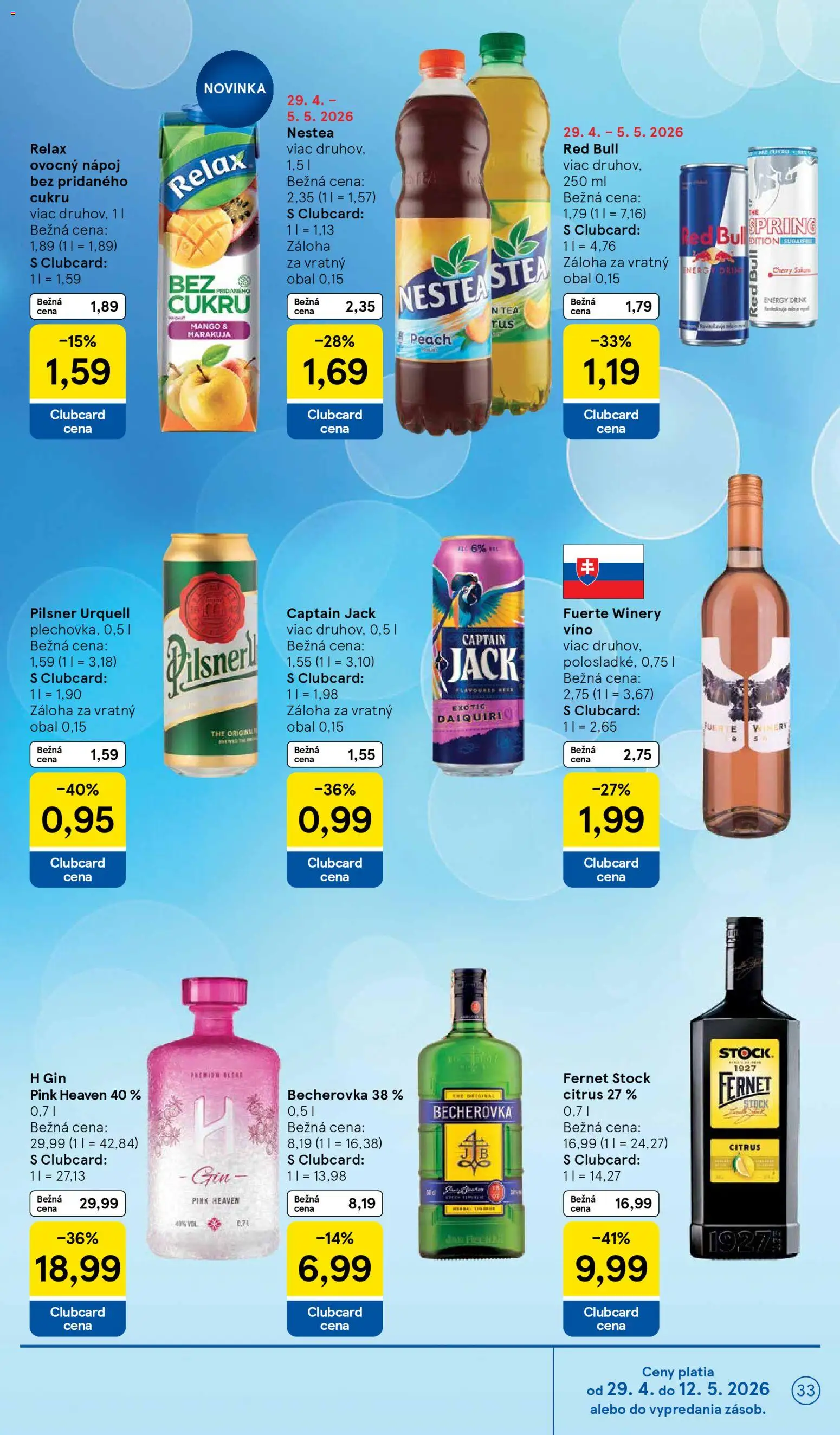 Nové Tesco akcie – leták je platný od 29.04.2026 | Strana: 33 | Produkty: Gin, Fernet, Mango, Fernet Stock