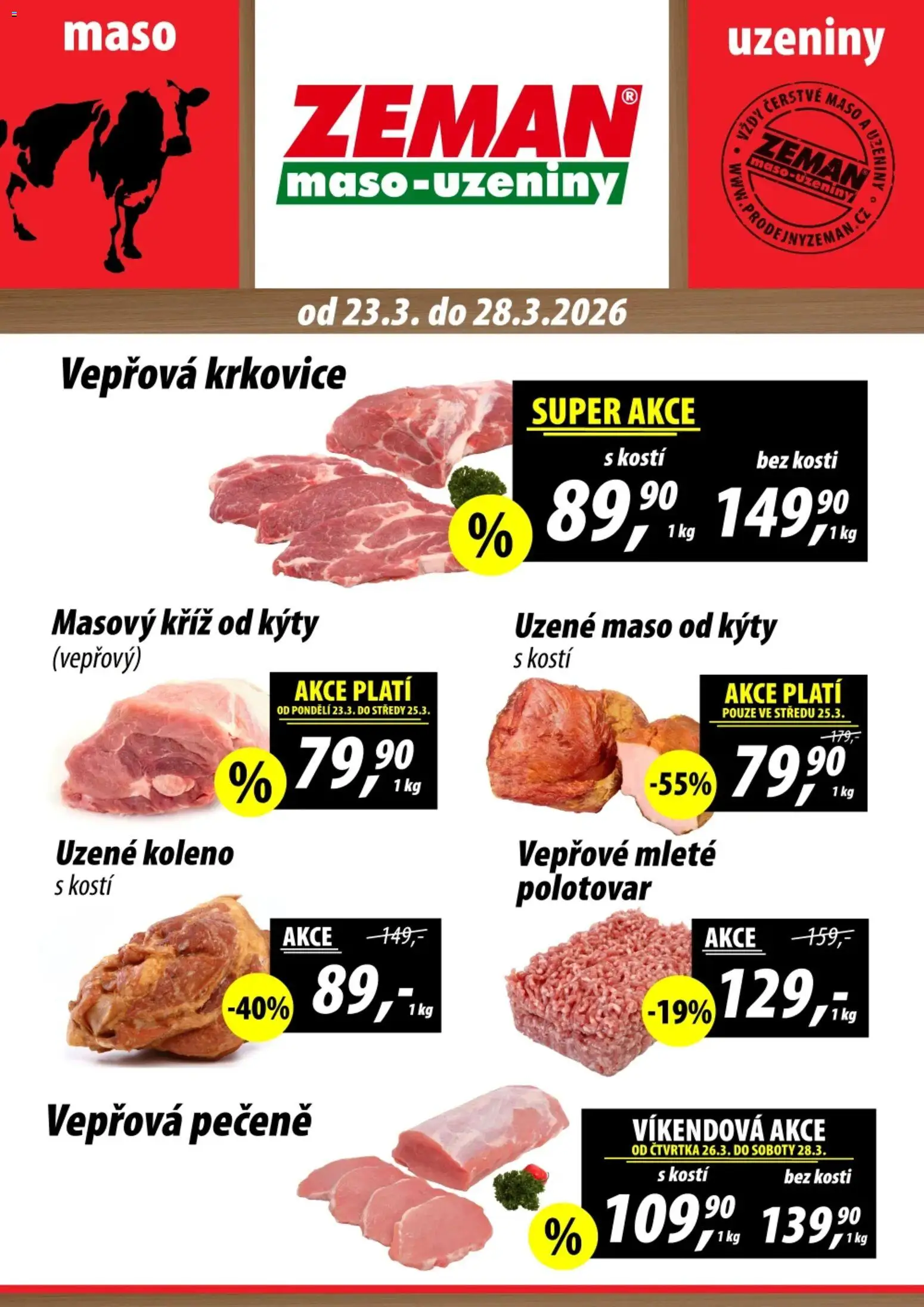Prodejny Zeman leták od 23.03.2026 | Strana: 1 | Produkty: Uzené maso, Maso, Uzené koleno, Krkovice