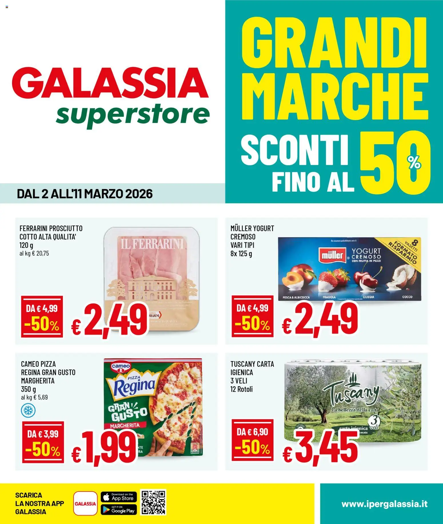 Volantino Galassia del 02.03.2026 | Pagina: 1 | Prodotti: Carta igienica, Pizza, Prosciutto, Pesca