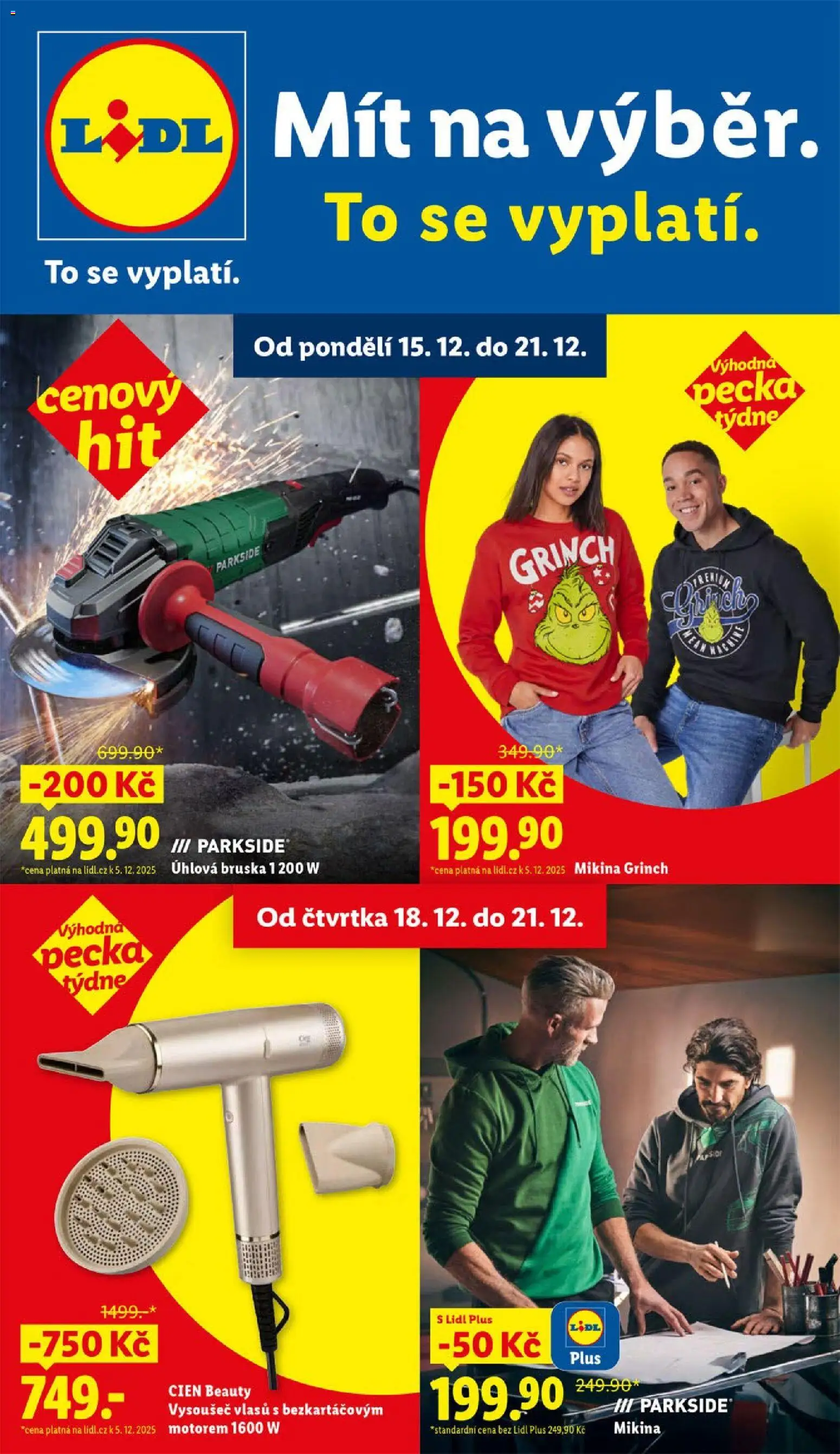 Lidl leták - Spotřební zboží od 15.12.2025 | Strana: 1 | Produkty: Mikina, Cien, Bruska, Vysoušeč vlasů