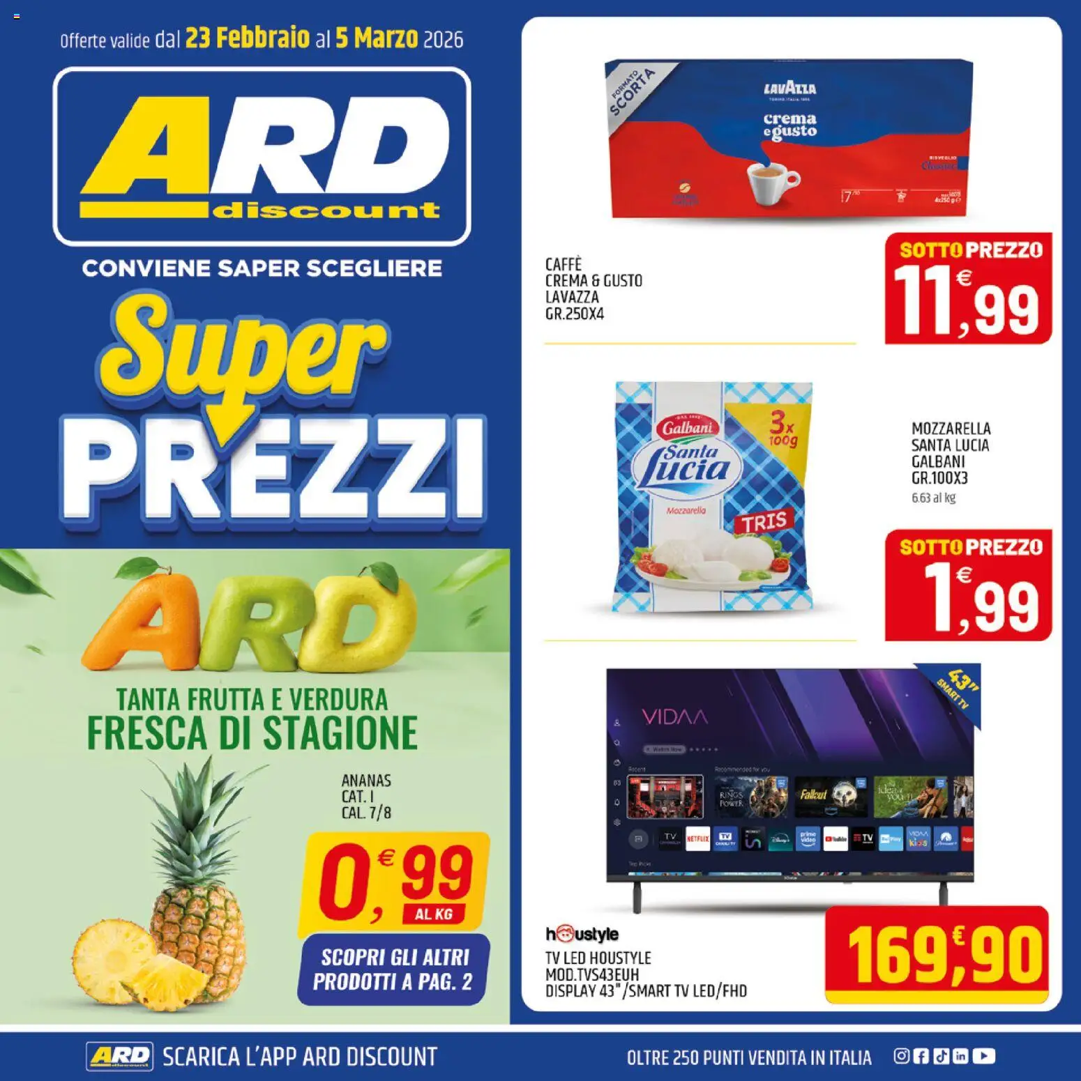 Volantino ARD Discount del 23.02.2026 | Pagina: 1 | Prodotti: Caffè, smart TV, Ananas, TV