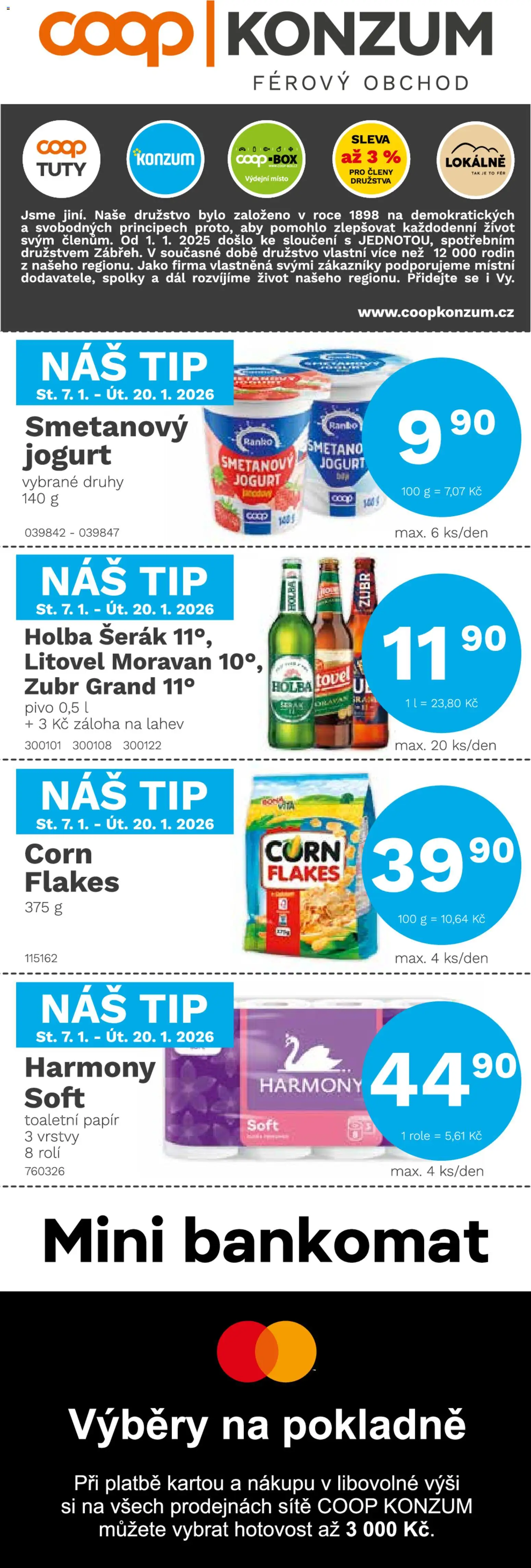 Konzum leták od 07.01.2026 | Strana: 1 | Produkty: Box, Pivo, Toaletní papír, Šerák