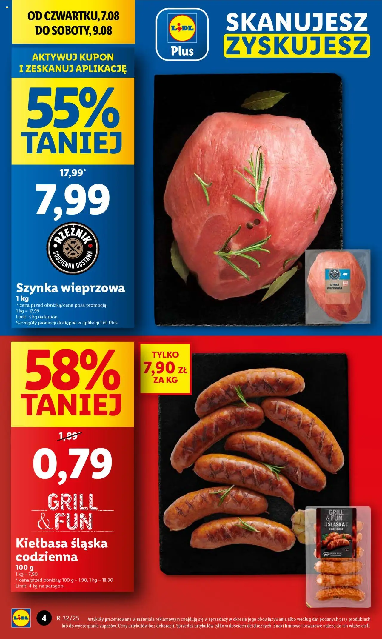 Lidl Gazetka od 07.08.2025 | Strona: 4 | Produkty: Kiełbasa, Szynka wieprzowa, Szynka, Kiełbasa śląska