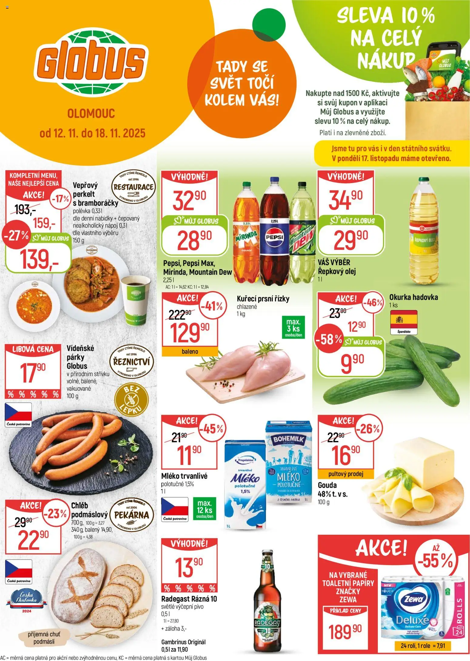 Globus leták - Olomouc od 12.11.2025 | Strana: 1 | Produkty: Mountain Dew, Okurka hadovka, Mirinda, Okurka