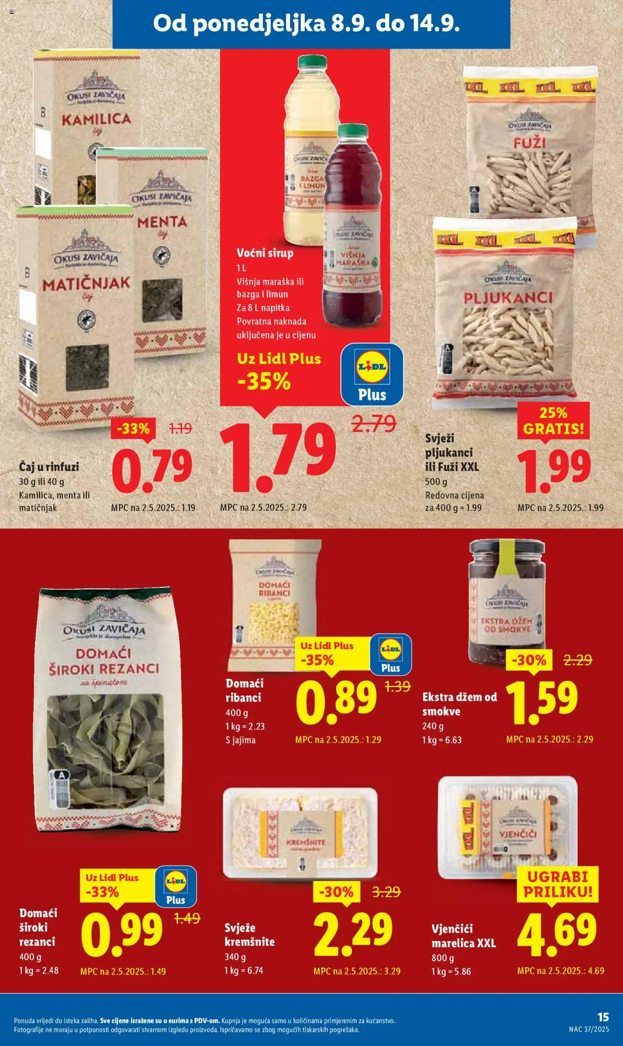Lidl katalog | vrijedi od 08.09.2025 | Stranica: 15 | Proizvodi: Čaj, Rezanci, Džem, Pasta