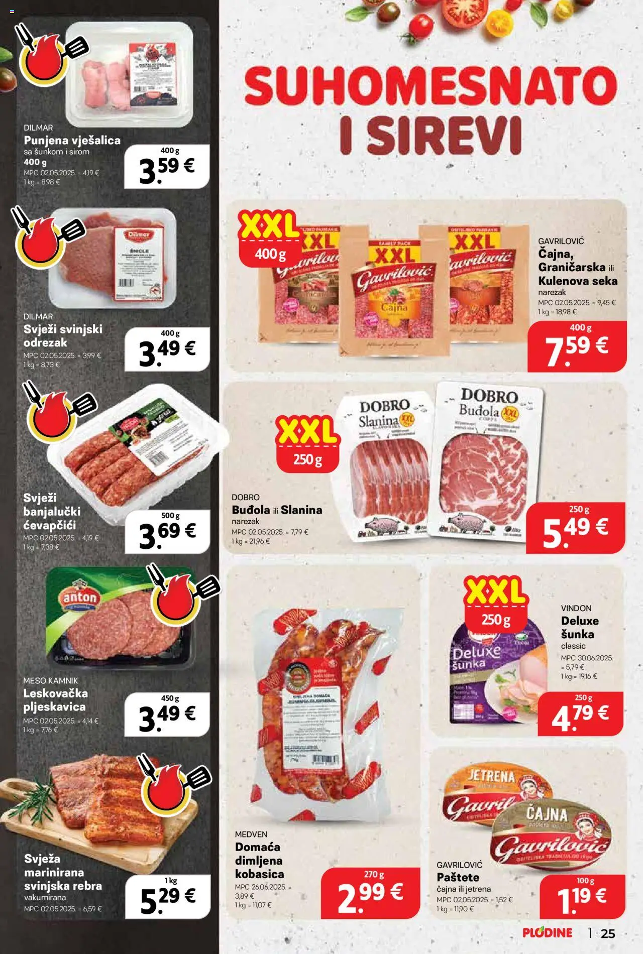 Plodine katalog | vrijedi od 02.07.2025 | Stranica: 25 | Proizvodi: Meso, Šunka, Narezak, Ćevapčići