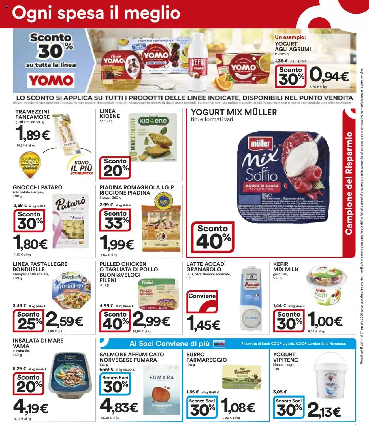 Volantino Ipercoop del 14.08.2025 | Pagina: 7 | Prodotti: Salmone affumicato, Yogurt, Salmone, Latte