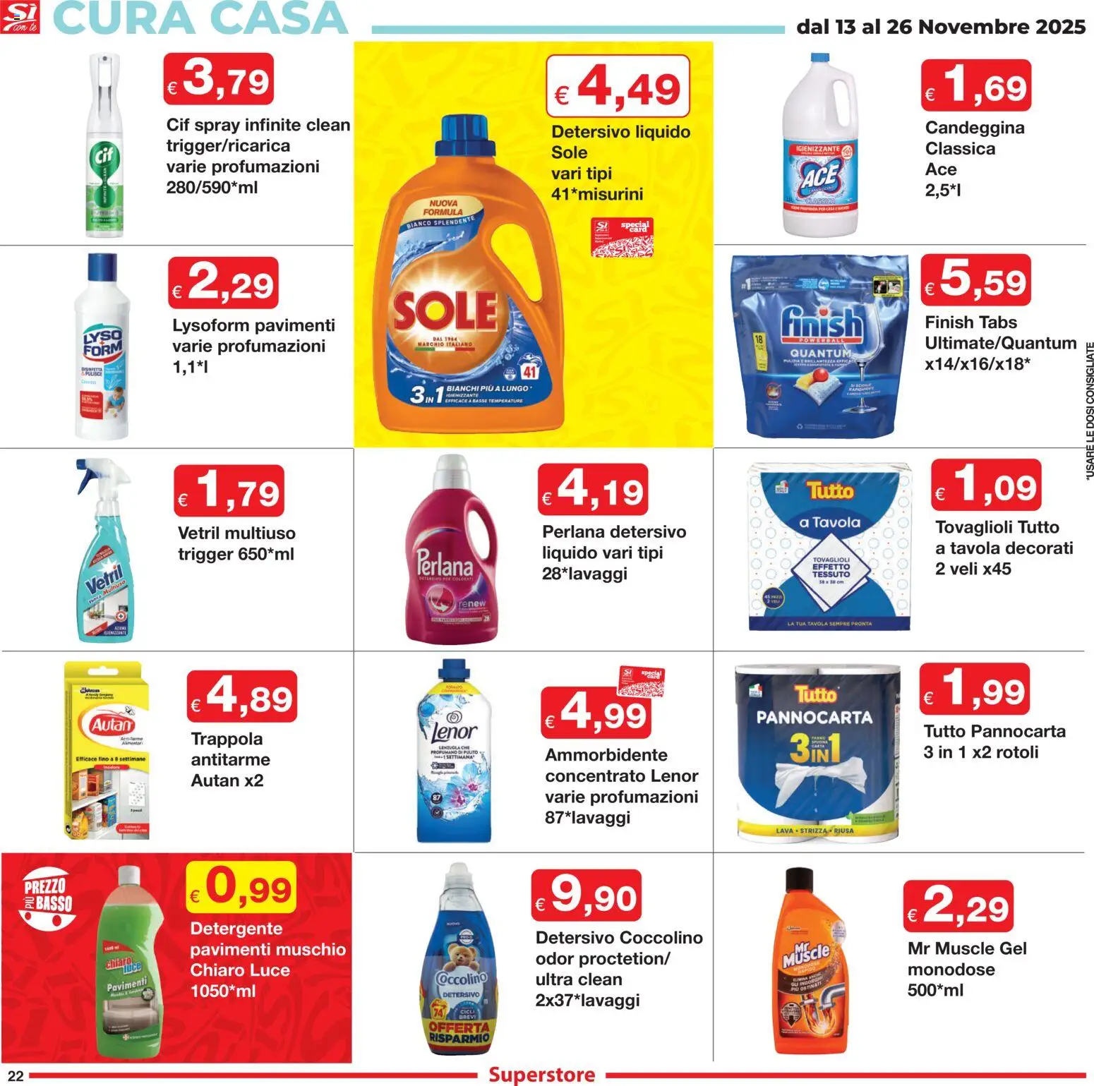Volantino Sì con Te del 13.11.2025 | Pagina: 22 | Prodotti: Ammorbidente, Detergente, Candeggina, Lenzuola
