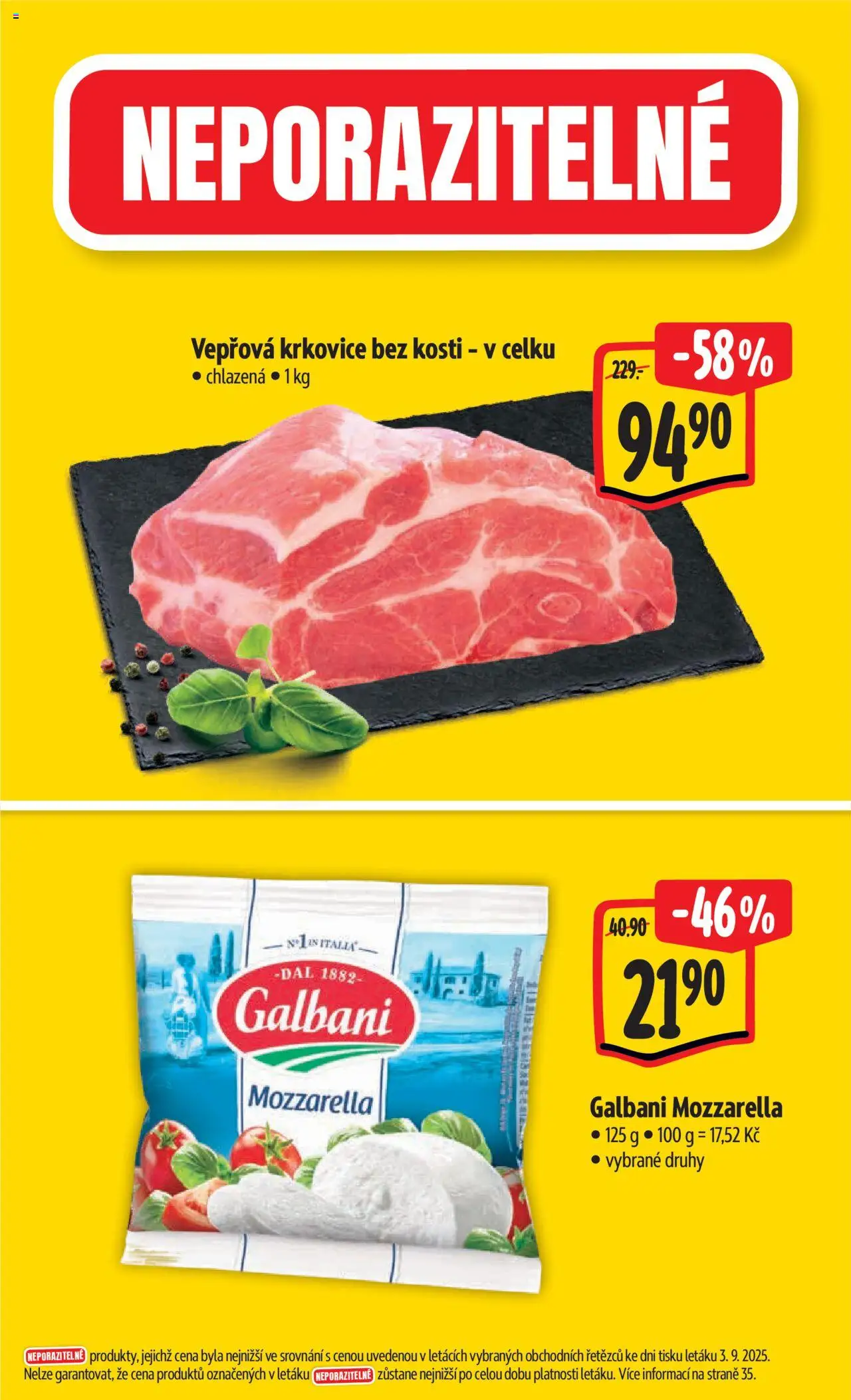 Albert leták - Strakonice od 10.09.2025 | Strana: 2 | Produkty: Vepřová krkovice bez kosti, Krkovice bez kosti, Mozzarella, Vepřová krkovice