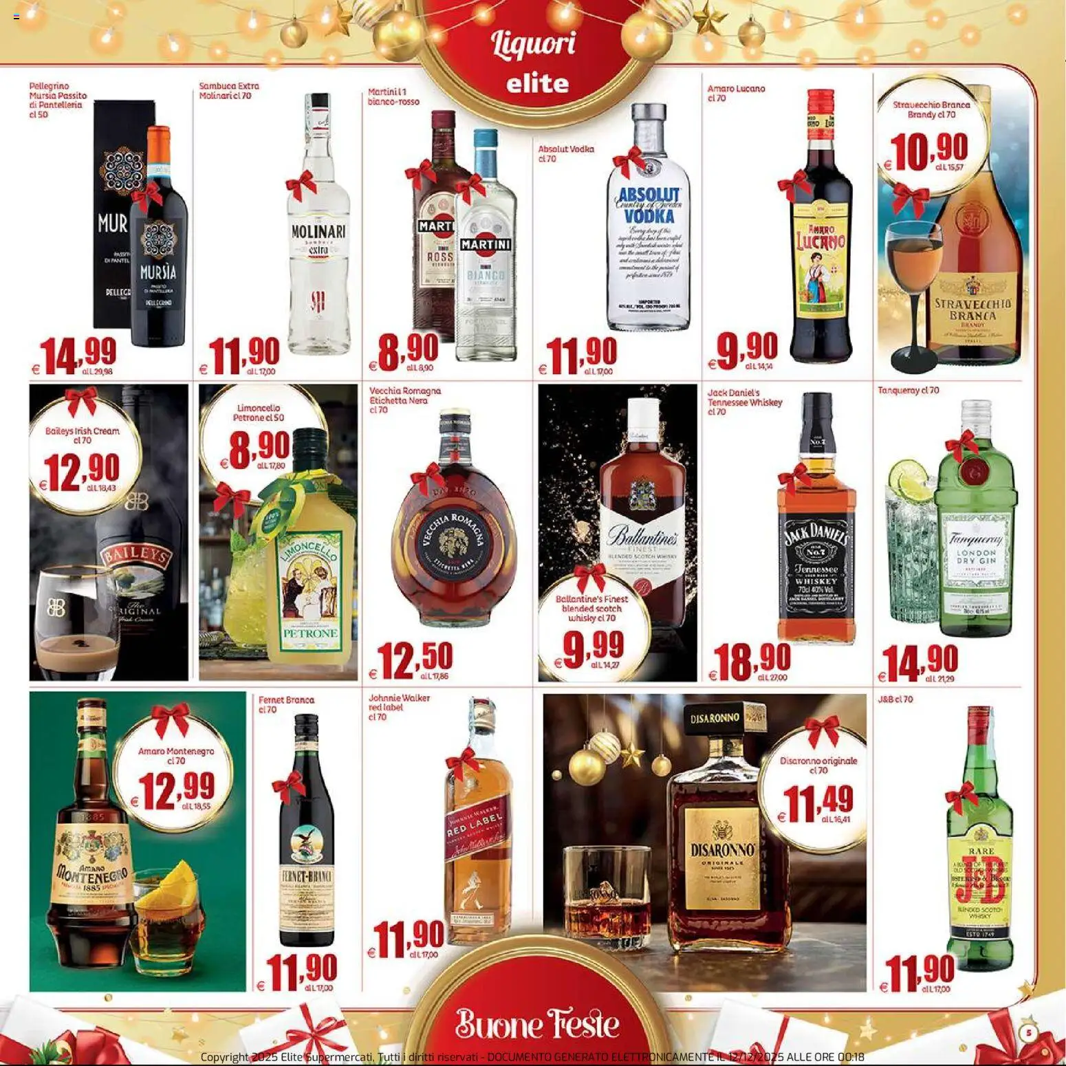 Volantino Elite Supermercati del 12.12.2025 | Pagina: 5 | Prodotti: Vodka, Whisky, Limoncello, Amaro