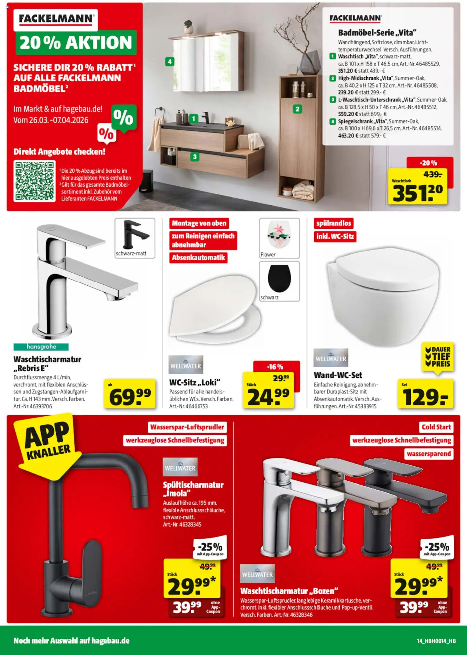 Hagebau Prospekt 	 – gültig ab 28.03.2026 | Seite: 14 | Produkte: Waschtisch, Spiegelschrank