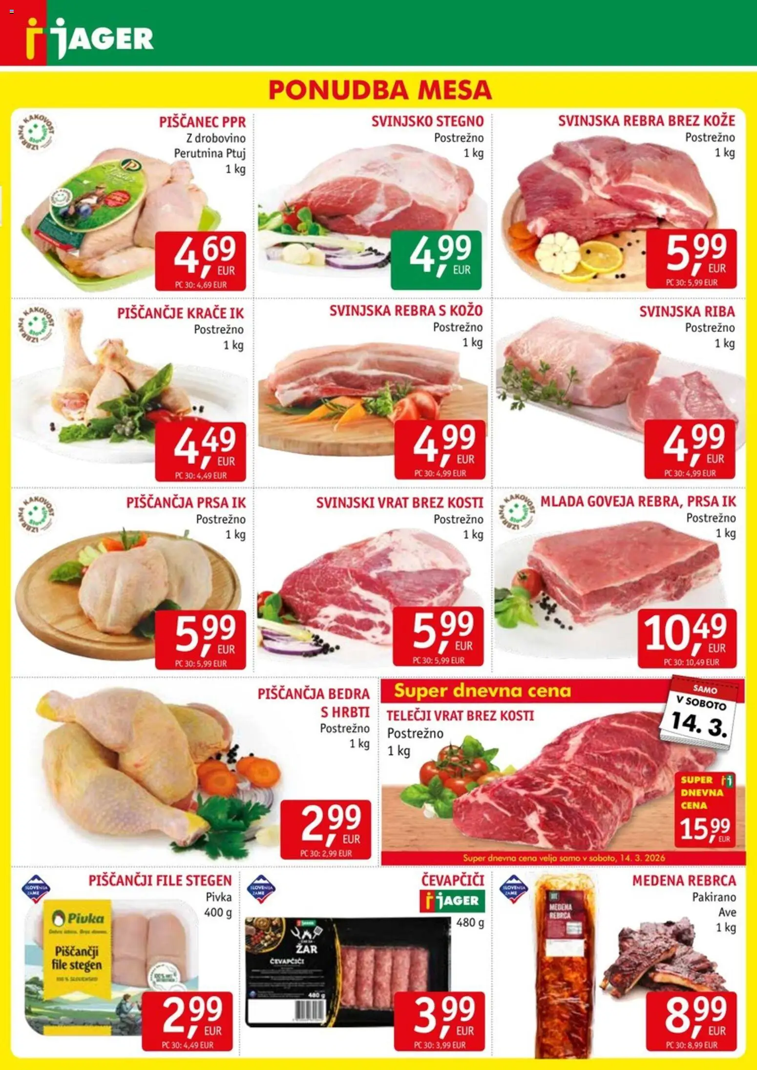 Novi Jager katalog ponudbe – veljaven od 11.03.2026 | Stran: 3 | Izdelki: Rebrca, Čevapčiči, Piščančja bedra, Riba