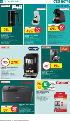 Intermarché - Prévisualisation de EXPRESSO BROYEUR MAGNIFICA DELONGHI, Référence produit : ECZM22.140B, Puissance : 1450 W, Pression : 15 Bar, Capacité réservoir d'eau 1,8 L, Capacité réservoir grains 250g, Broyeur intégré avec finesse de mouture réglable (13 niveaux), Système cappuccino valide à partir de 07.10.2025 | Page: 52