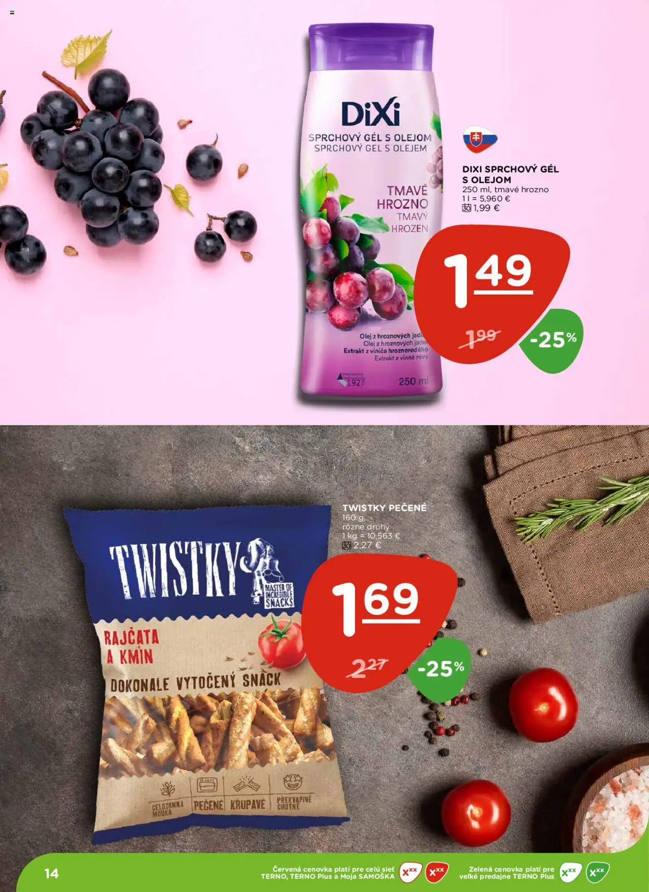 Nové Terno akcie – leták je platný od 18.09.2025 | Strana: 14 | Produkty: Olej, Sprchový gél, Hrozno