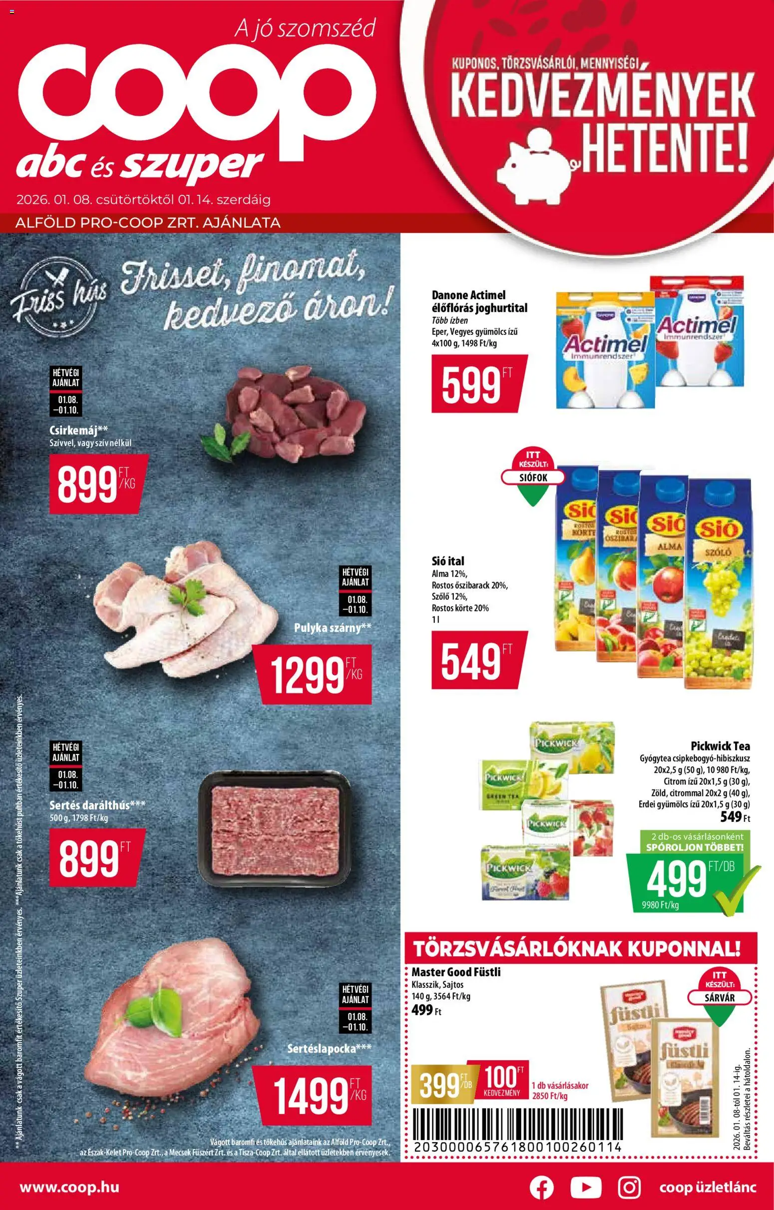 COOP akciós ujság - amely érvényes a következő dátumtól: 08.01.2026 | Oldal: 1 | Termékek: Szőlő, Hús, Sertéslapocka, Gyógytea