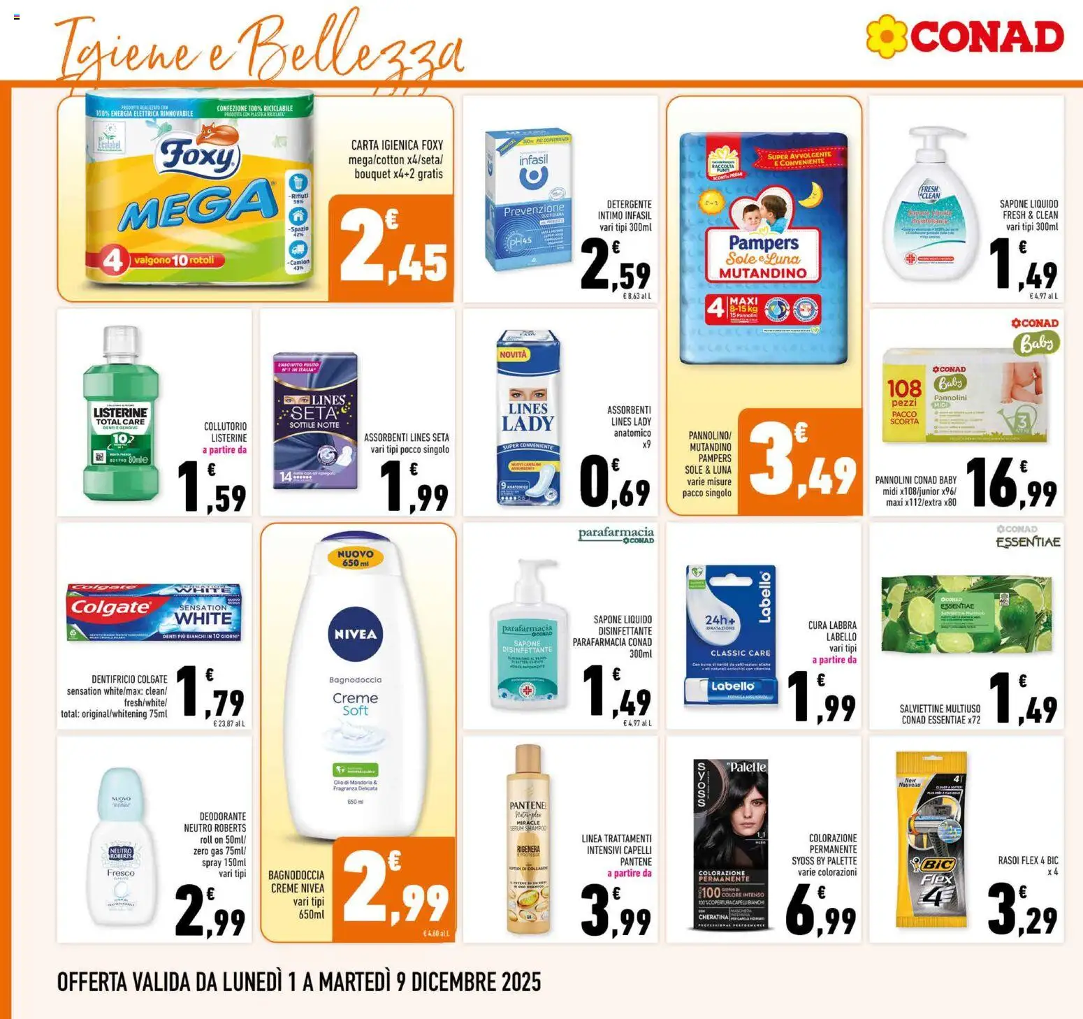 Volantino Conad del 01.12.2025 | Pagina: 26 | Prodotti: Pannolini, Carta igienica, Sapone, Detergente intimo