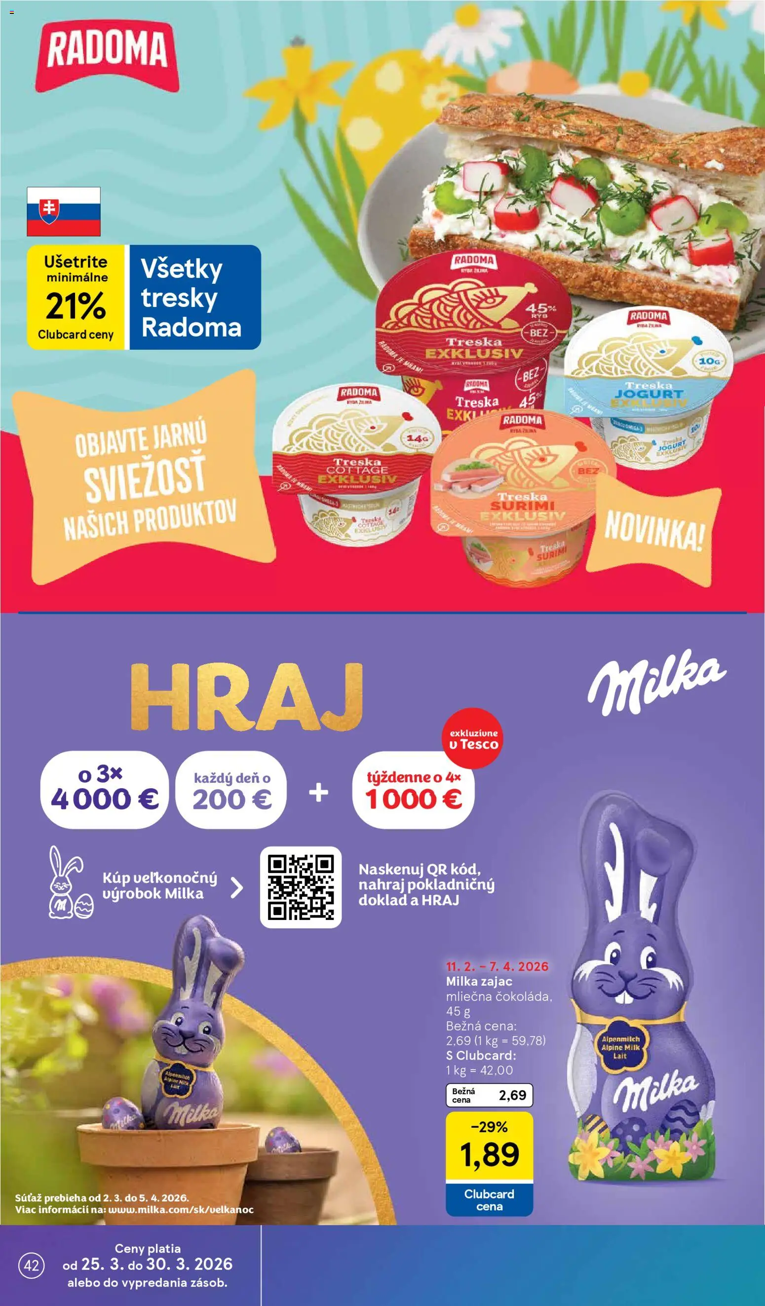 Nové Tesco akcie – leták je platný od 25.03.2026 | Strana: 42 | Produkty: Jogurt, Milka, Treska