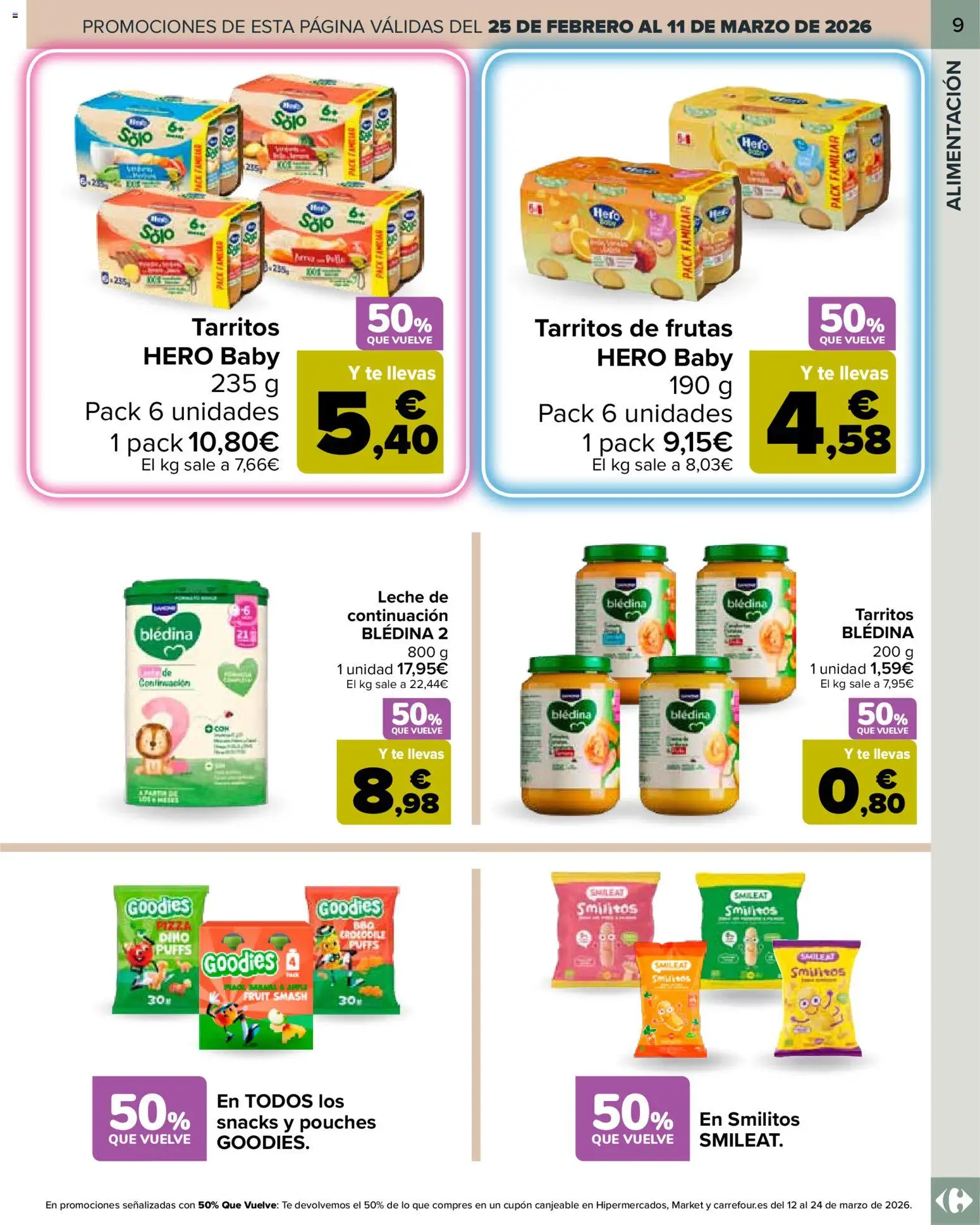 Carrefour Bebé │ válido desde el 25.02.2026 | Página: 9 | Productos: Leche, Pizza, Té
