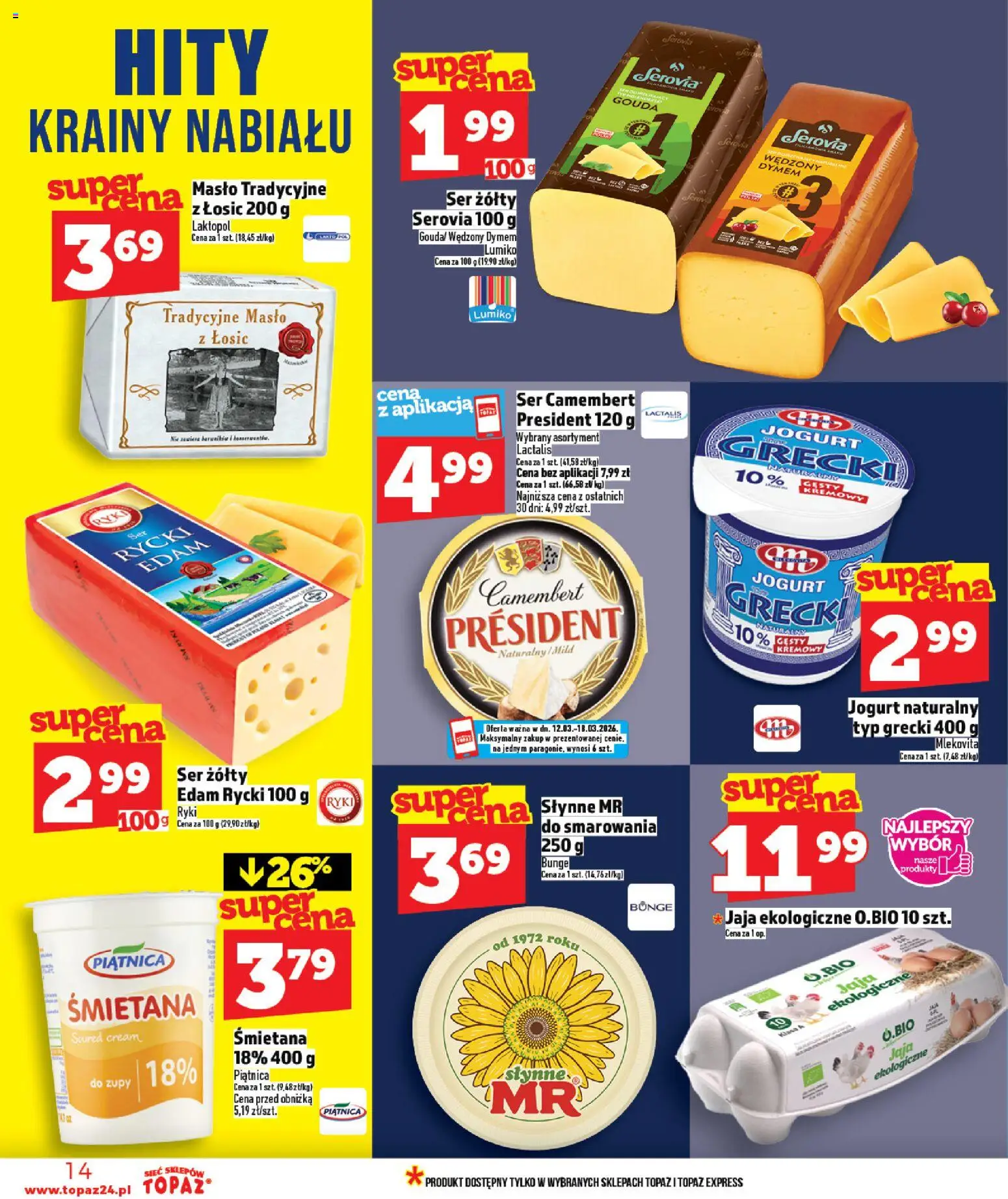 Topaz gazetka od 12.03.2026 | Strona: 14 | Produkty: Ser żółty, Masło, Śmietana, Jaja