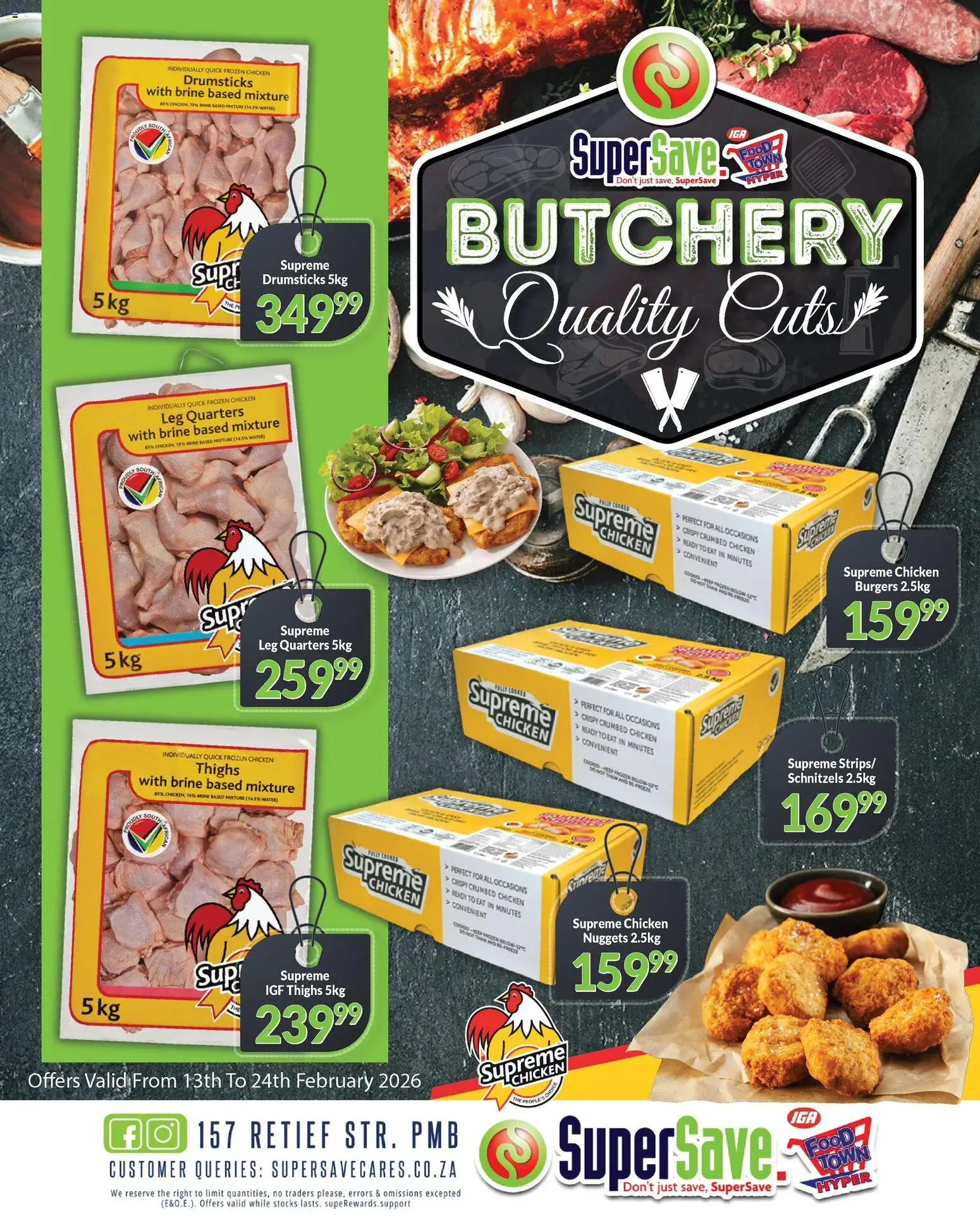 New Super Save catalogue – valid from 13.02.2026 | Page: 2 | Products: Magdalenas, Chicken, Burgers, Water