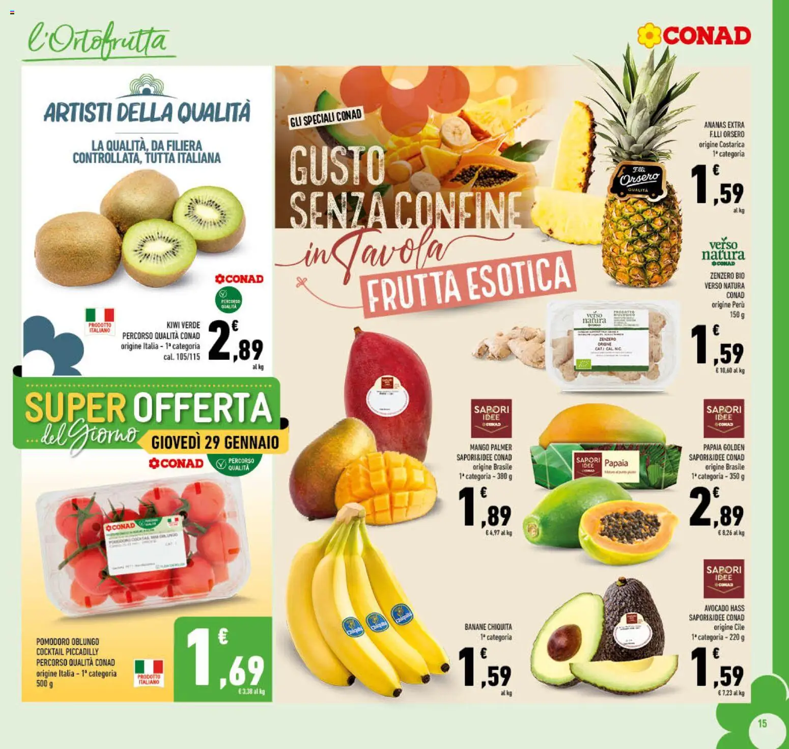 Volantino Conad del 29.01.2026 | Pagina: 15 | Prodotti: Banane, Avocado, Frutta, Mango