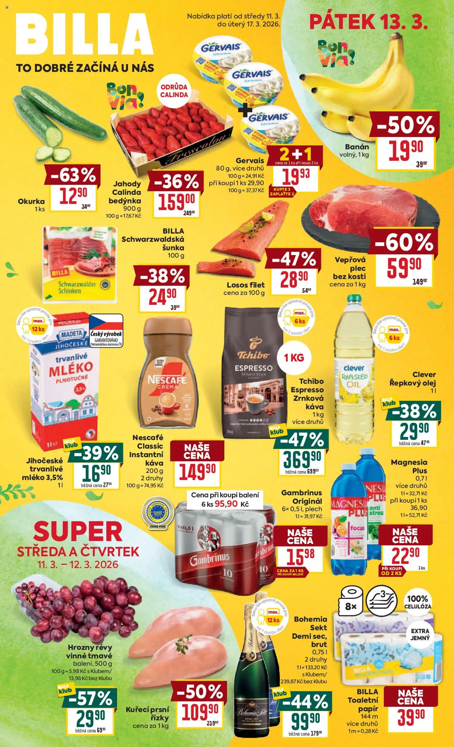 Billa Velký leták od 11.03.2026 | Strana: 1 | Produkty: Olej, Losos, Nescafé, Filet