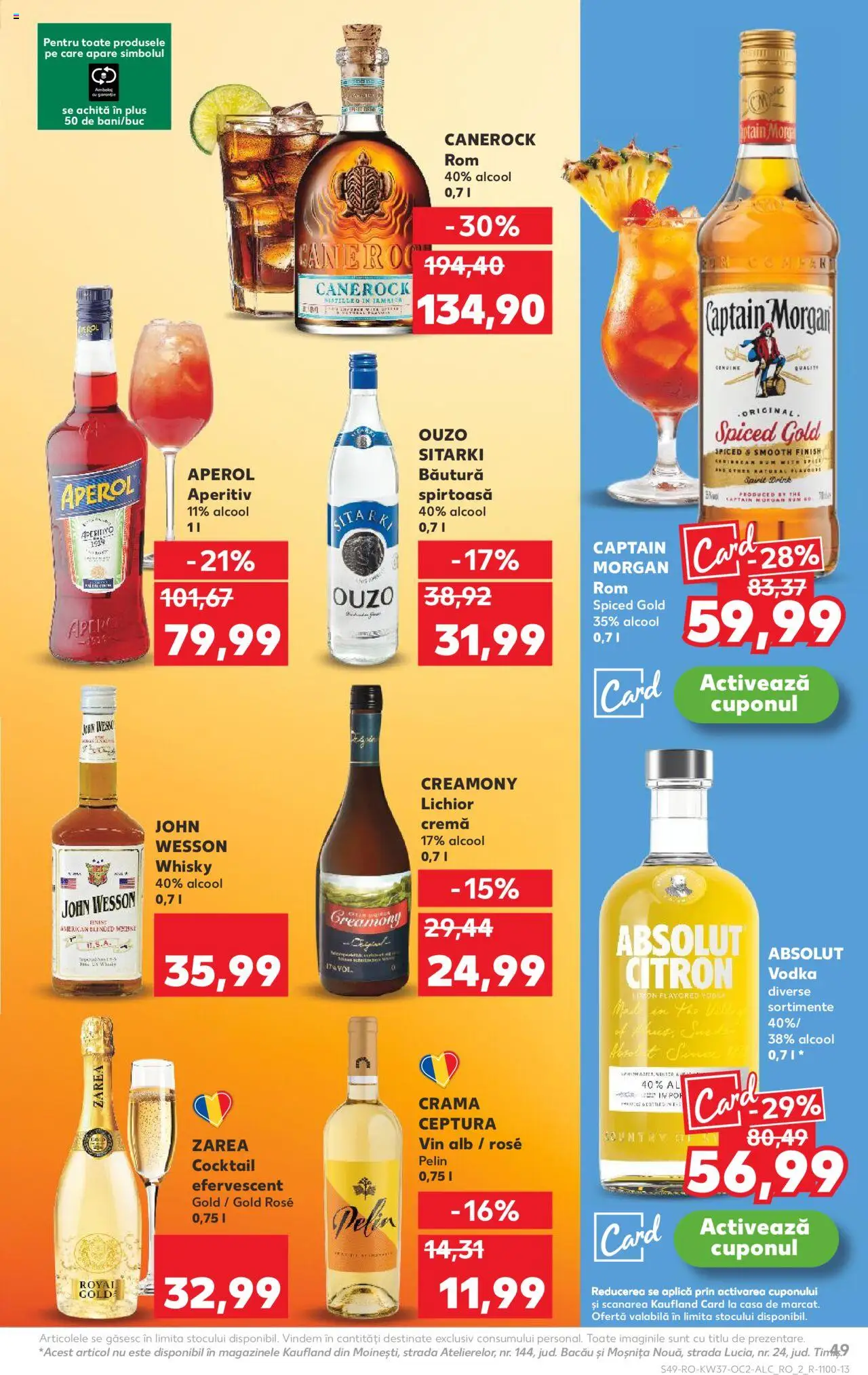 Kaufland RO akciós ujság - amely érvényes a következő dátumtól: 10.09.2025 | Oldal: 49 | Termékek: Aperol, Absolut vodka, Captain morgan, Whisky
