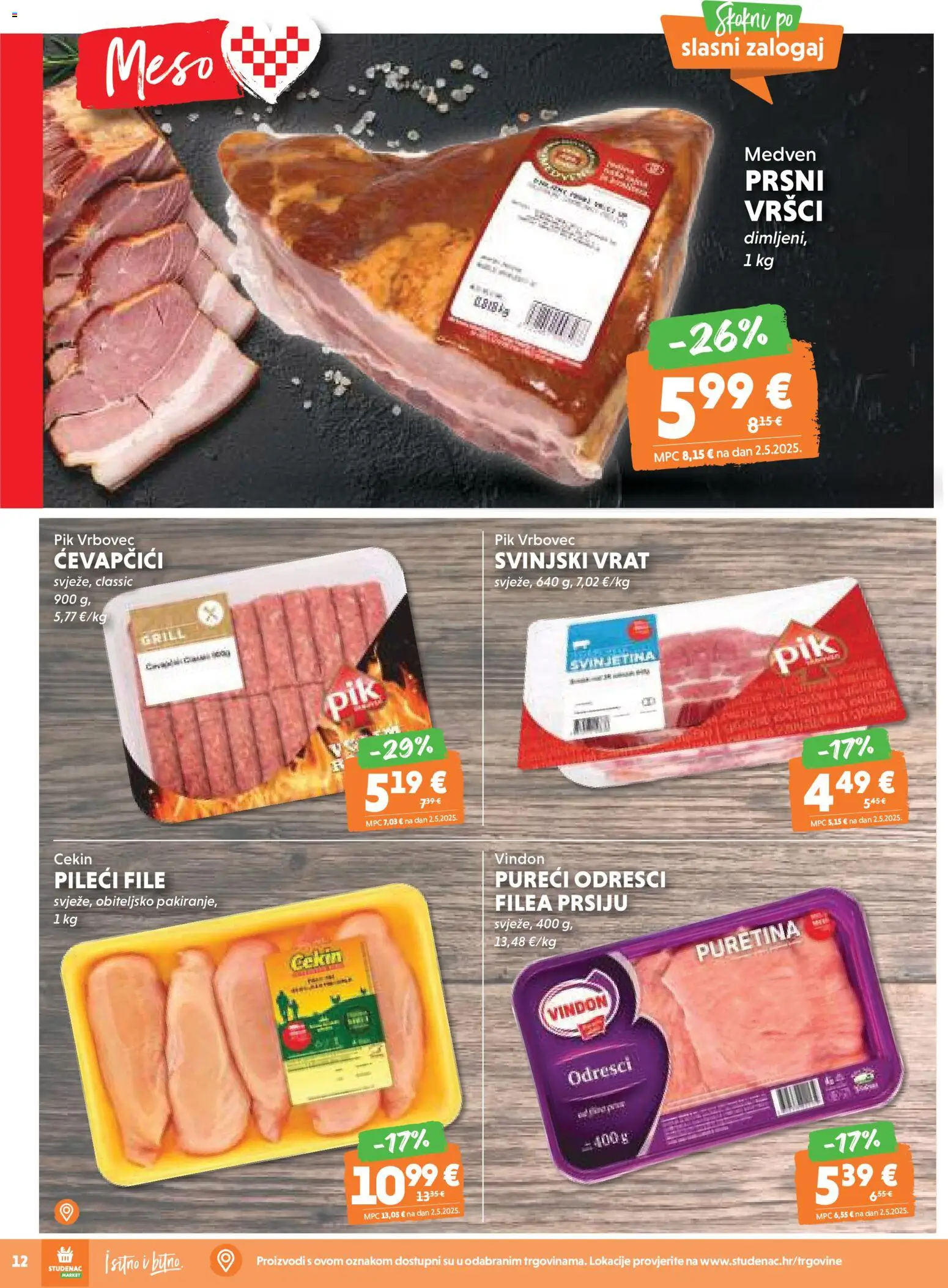 Studenac katalog | vrijedi od 26.11.2025 | Stranica: 12 | Proizvodi: Puretina, Svinjski vrat, Pileći file, Pik Vrbovec