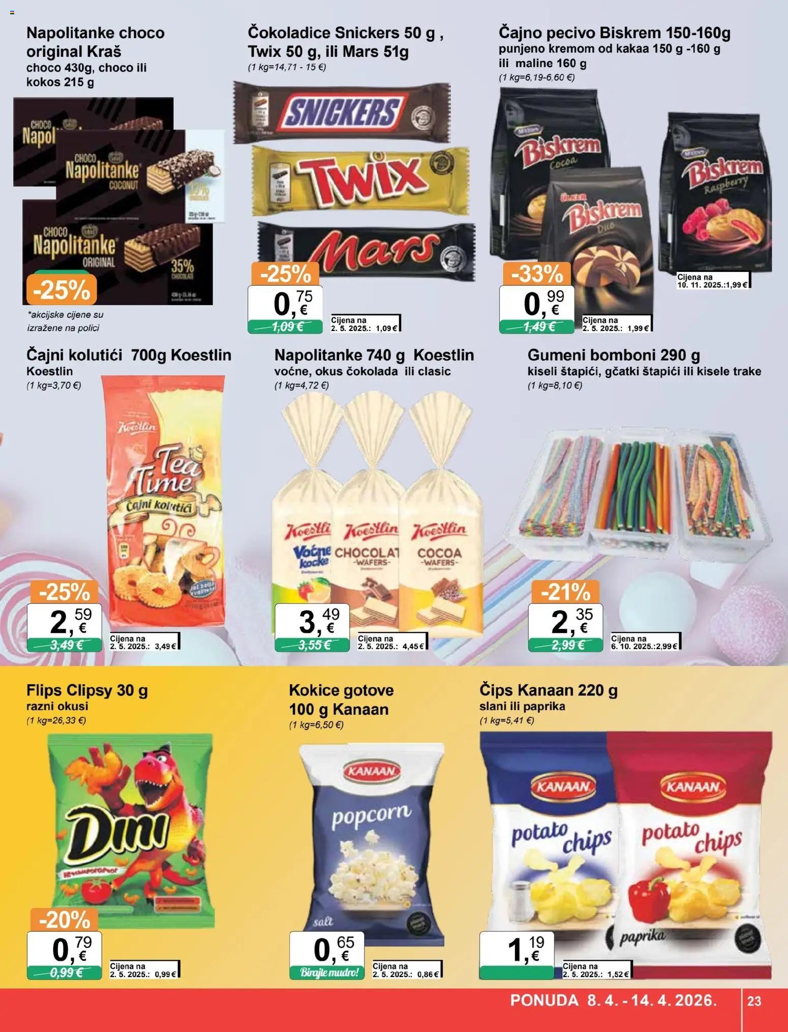 KTC katalog | vrijedi od 08.04.2026 | Stranica: 23 | Proizvodi: Čajni kolutići, Bomboni, Čips, Napolitanke