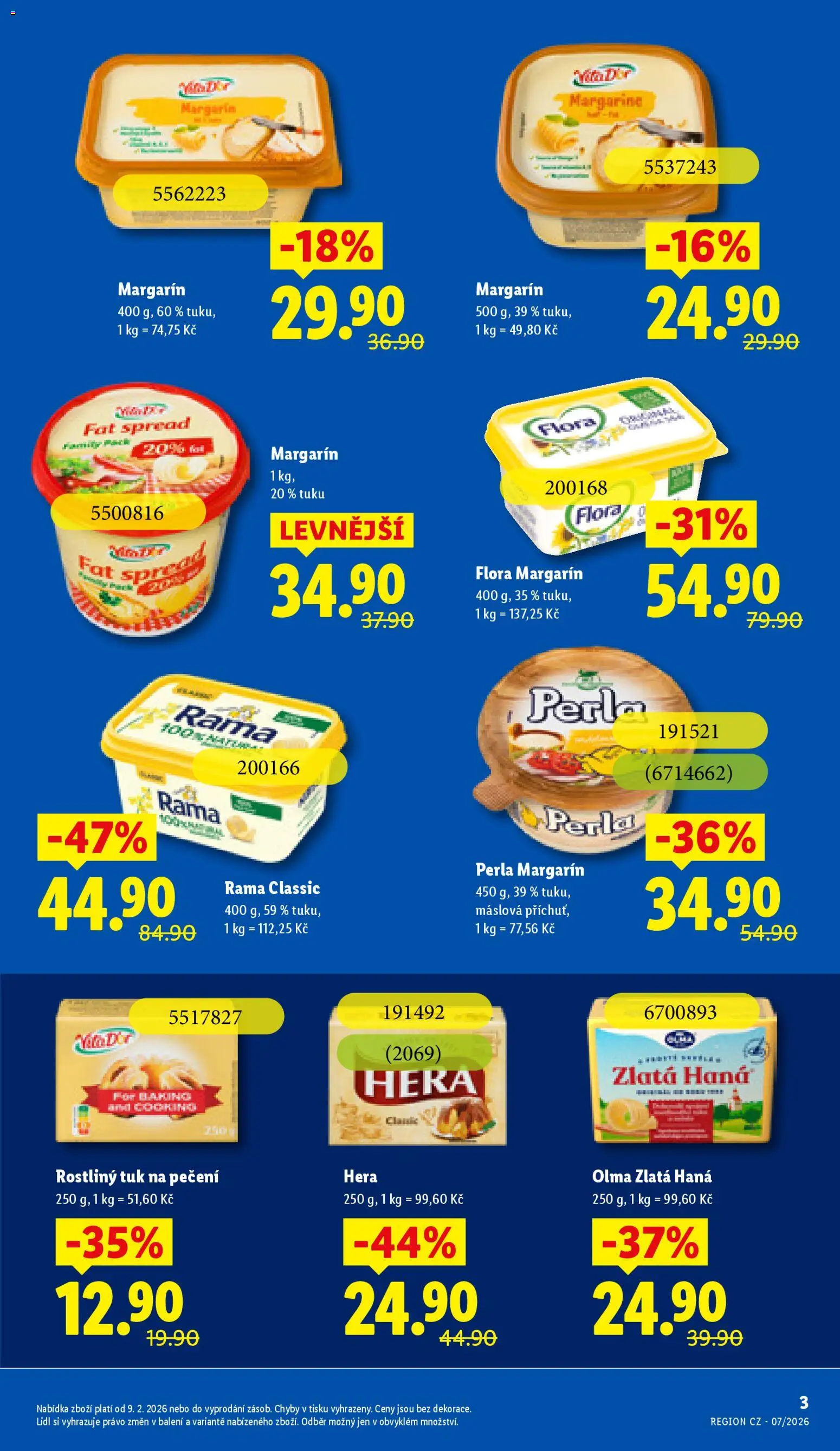 Lidl leták - Trvale snížené ceny od 11.02.2026 | Strana: 3 | Produkty: Rama, Zlatá Hana, Perla, Flora