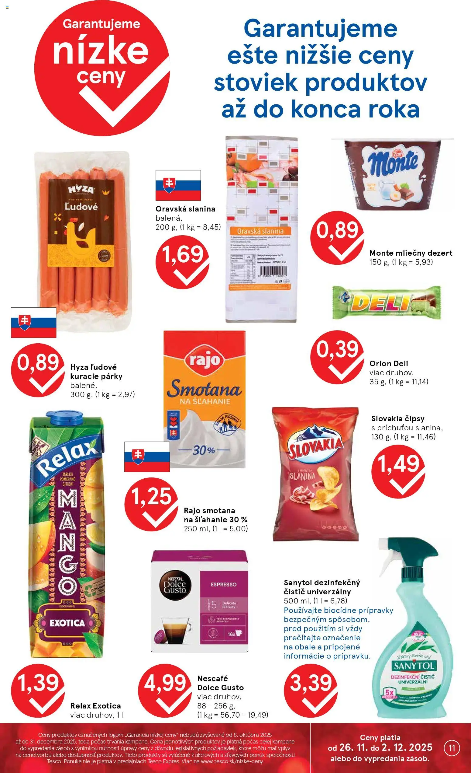 Nové Tesco akcie – leták je platný od 26.11.2025 | Strana: 11 | Produkty: Dolce Gusto, Smotana, Sanytol, Párky