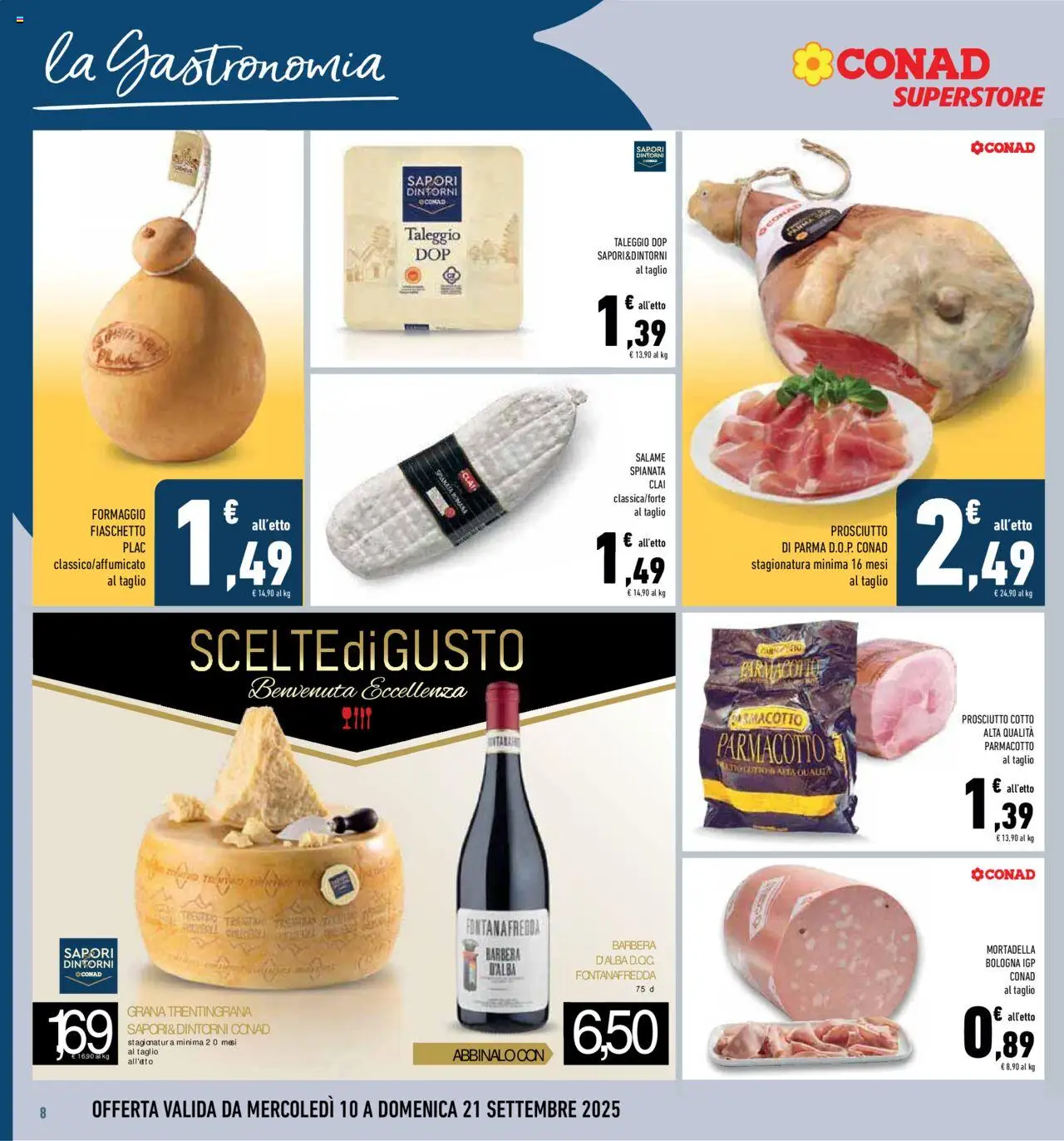 Volantino Conad del 10.09.2025 | Pagina: 8 | Prodotti: Prosciutto di Parma, Salame, Formaggio, Mortadella