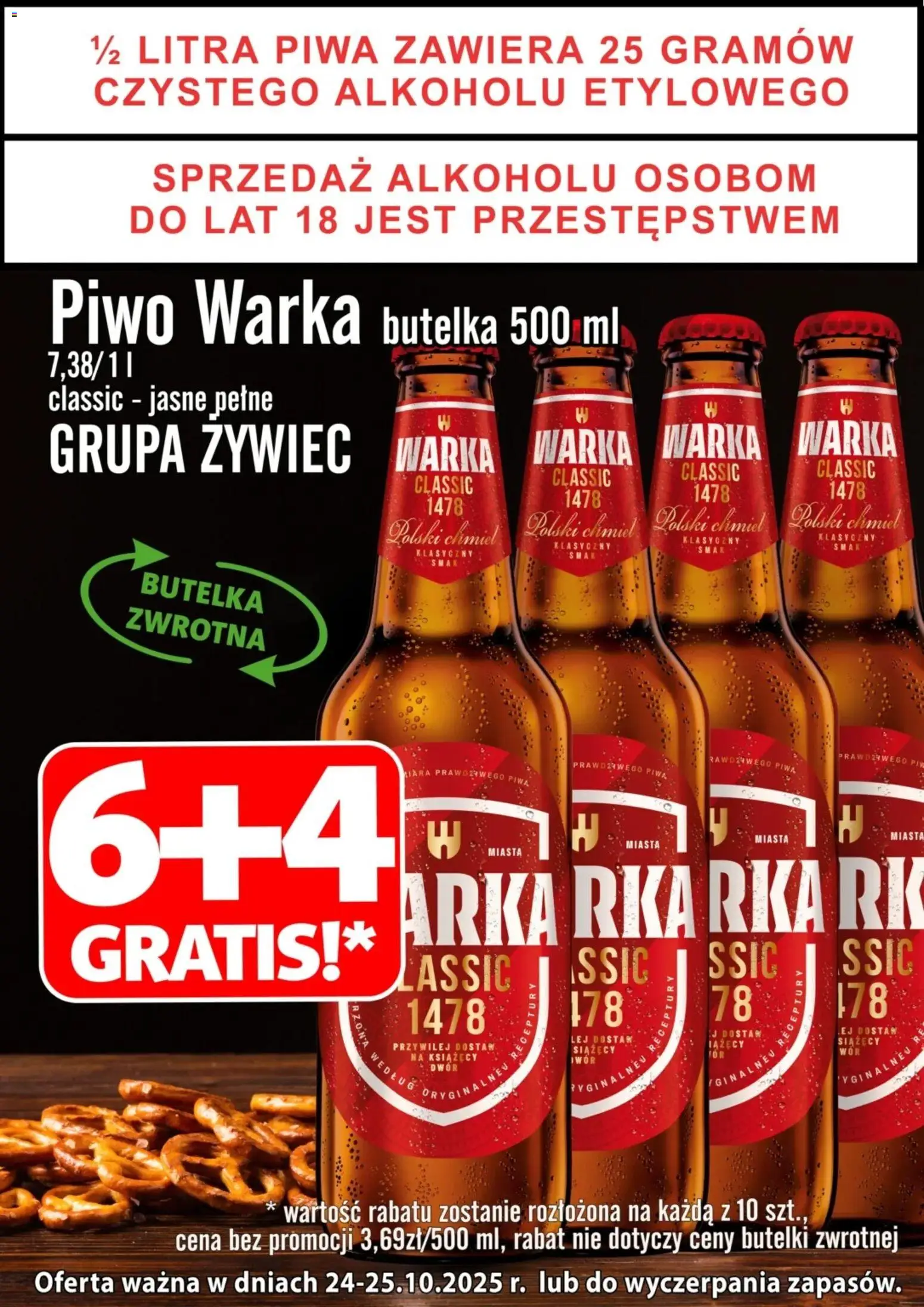 Prim Market Promocja - Piwo Warka Classic Jasne Pełne 6+4 Gratis od 24.10.2025 | Strona: 1 | Produkty: Warka, Piwo Warka, Piwo