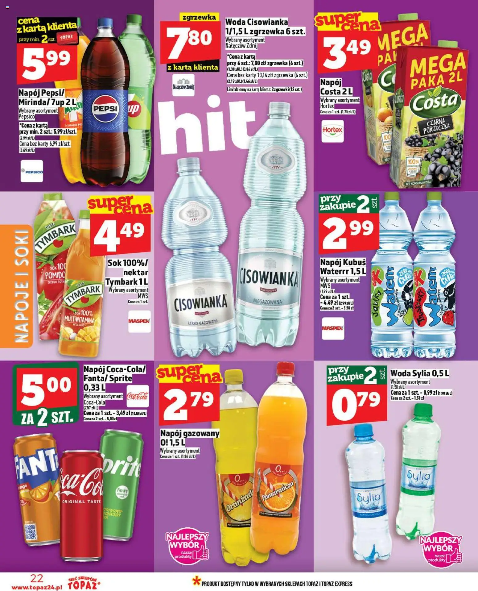Topaz Gazetka - Żelków-Kolonia od 30.10.2025 | Strona: 22 | Produkty: Pepsi, Sprite, Sok, Woda